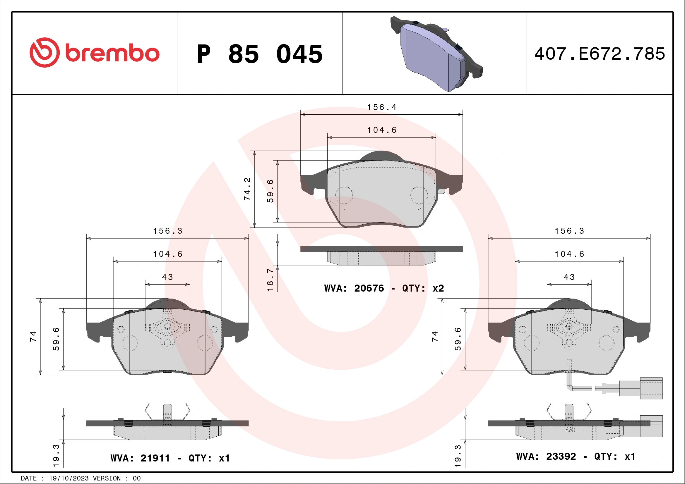 BREMBO P 85 045 — Колодка гальм. диск. AUDI TT, SEAT LEON, SKODA, VW передн. (вир-во BREMBO)