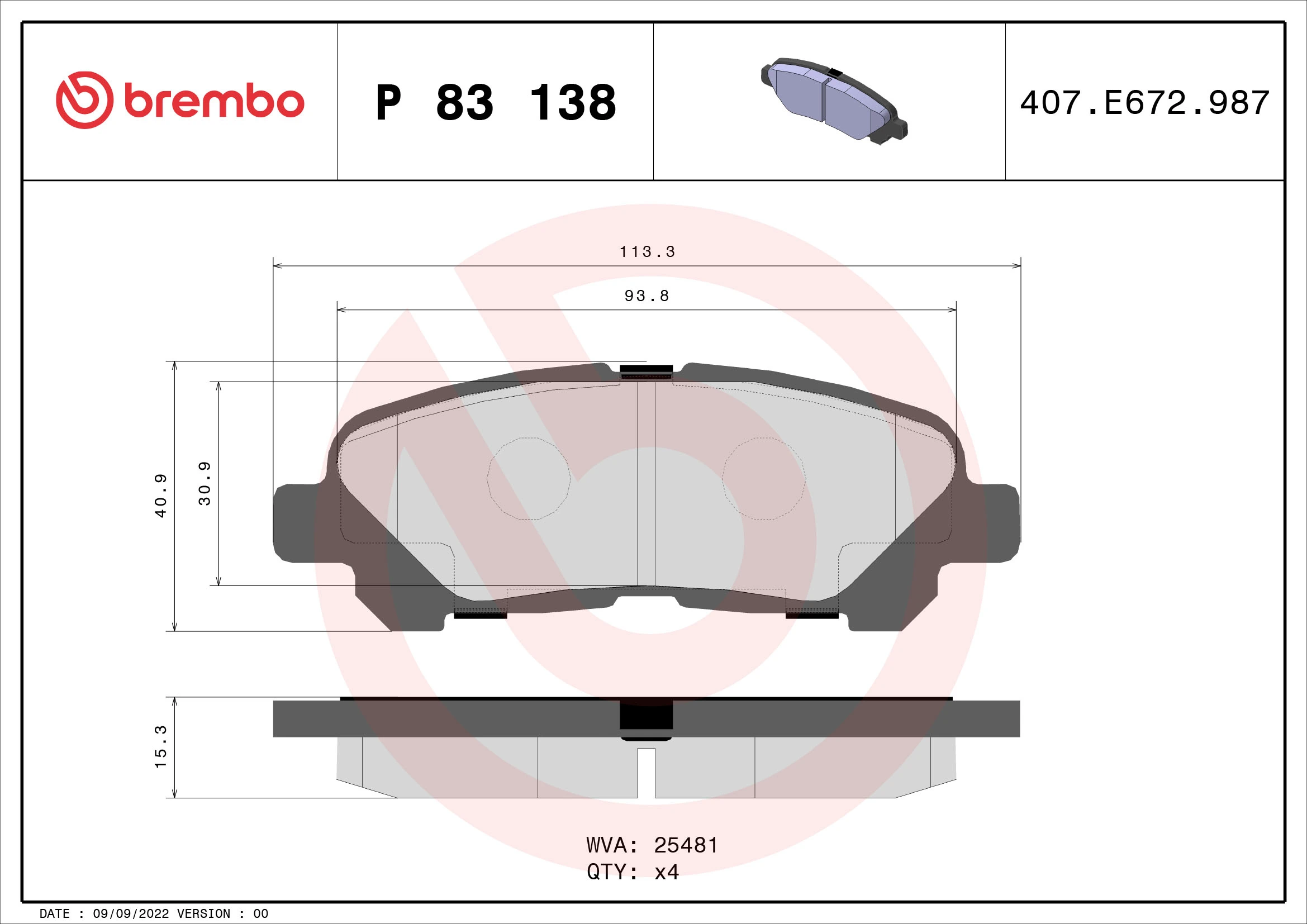 Kit de plaquettes de frein, frein à disque BREMBO P 83 138