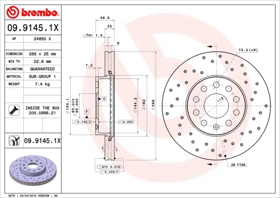 BREMBO 09.9145.1X — Диск гальмівний передн. (вир-во BREMBO)
