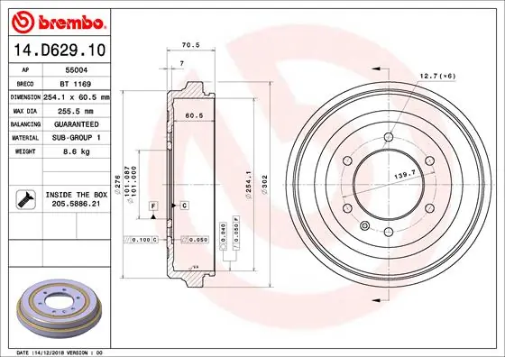 Tambour de frein BREMBO 14.D629.10