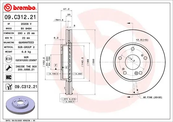 Disque de frein BREMBO 09.C312.21