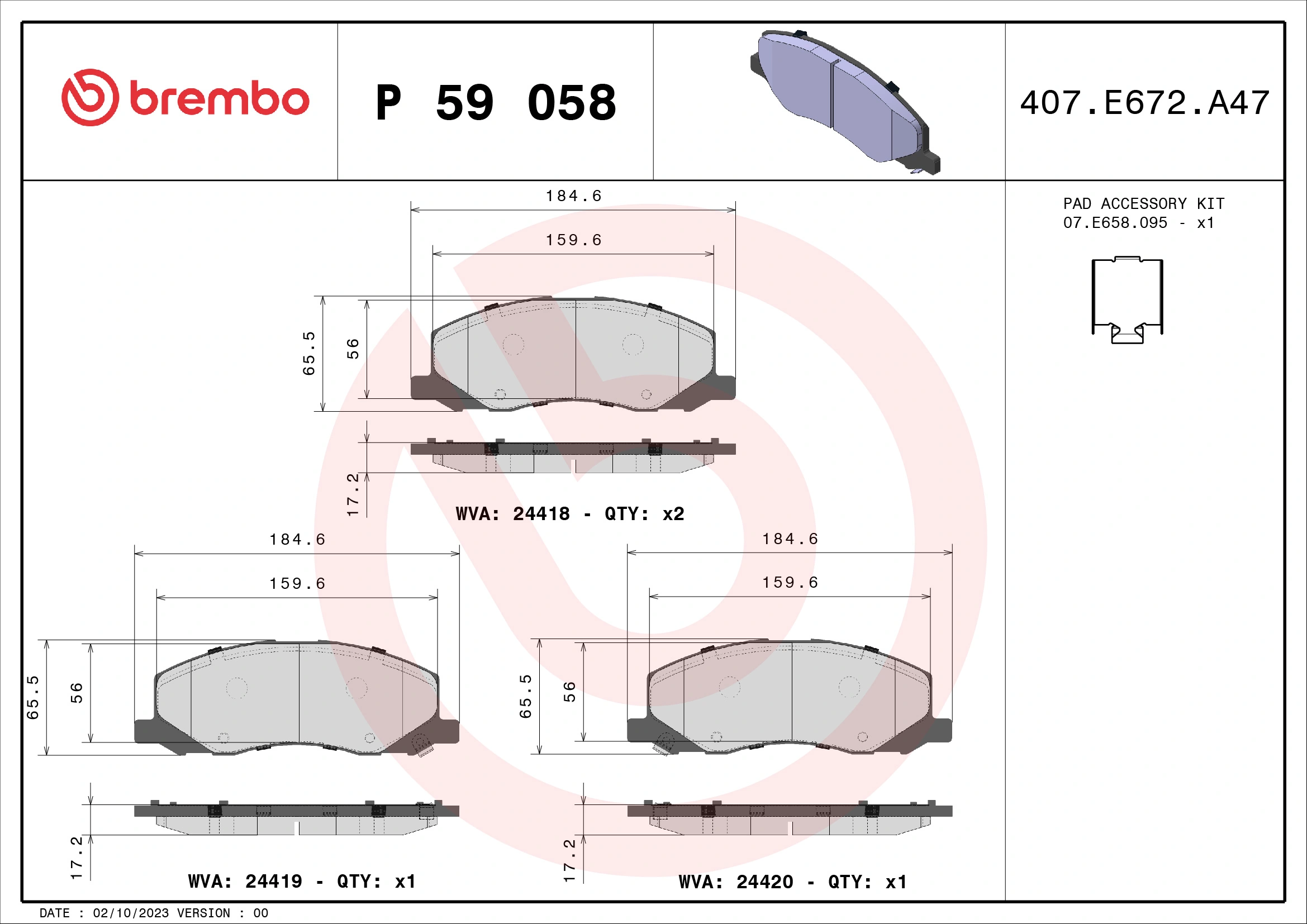 Kit de plaquettes de frein, frein à disque BREMBO P 59 058