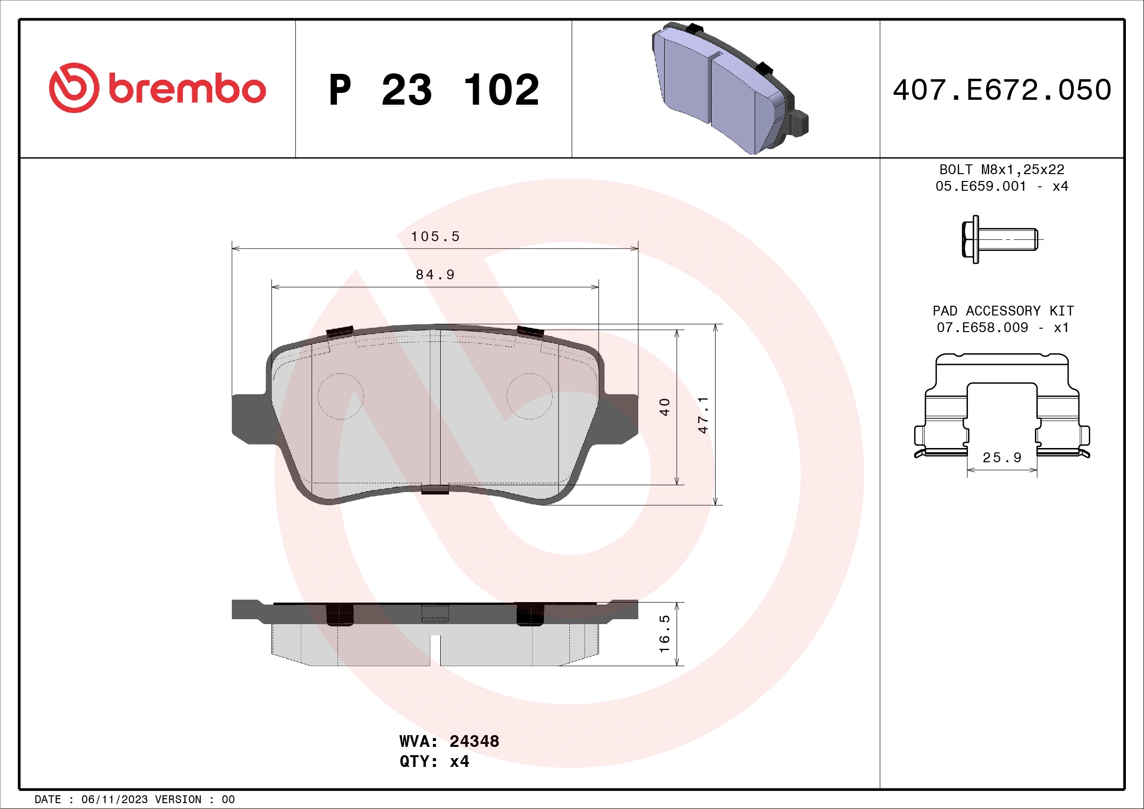 Kit de plaquettes de frein, frein à disque BREMBO P 23 102