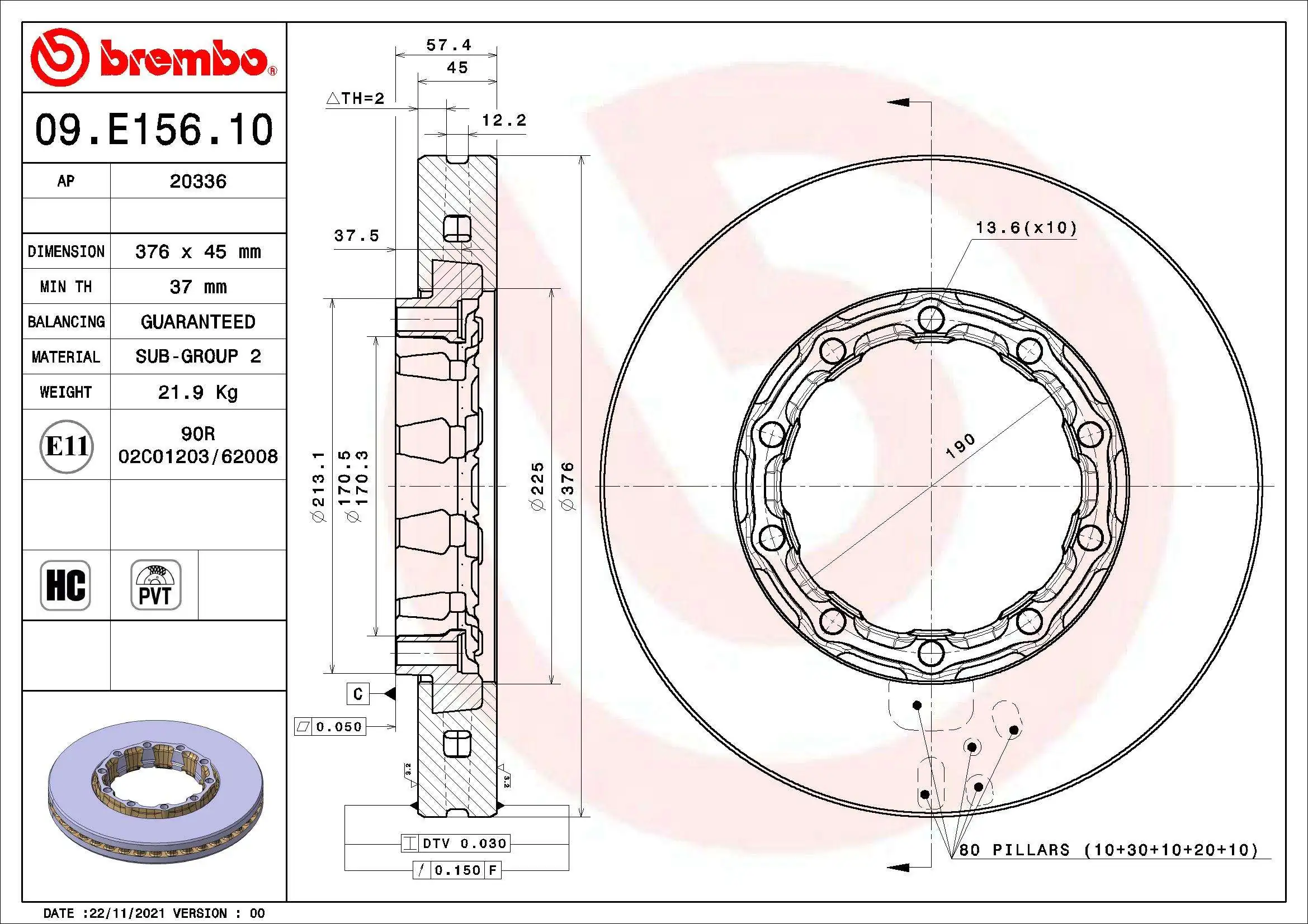 Disque de frein BREMBO 09.E156.10
