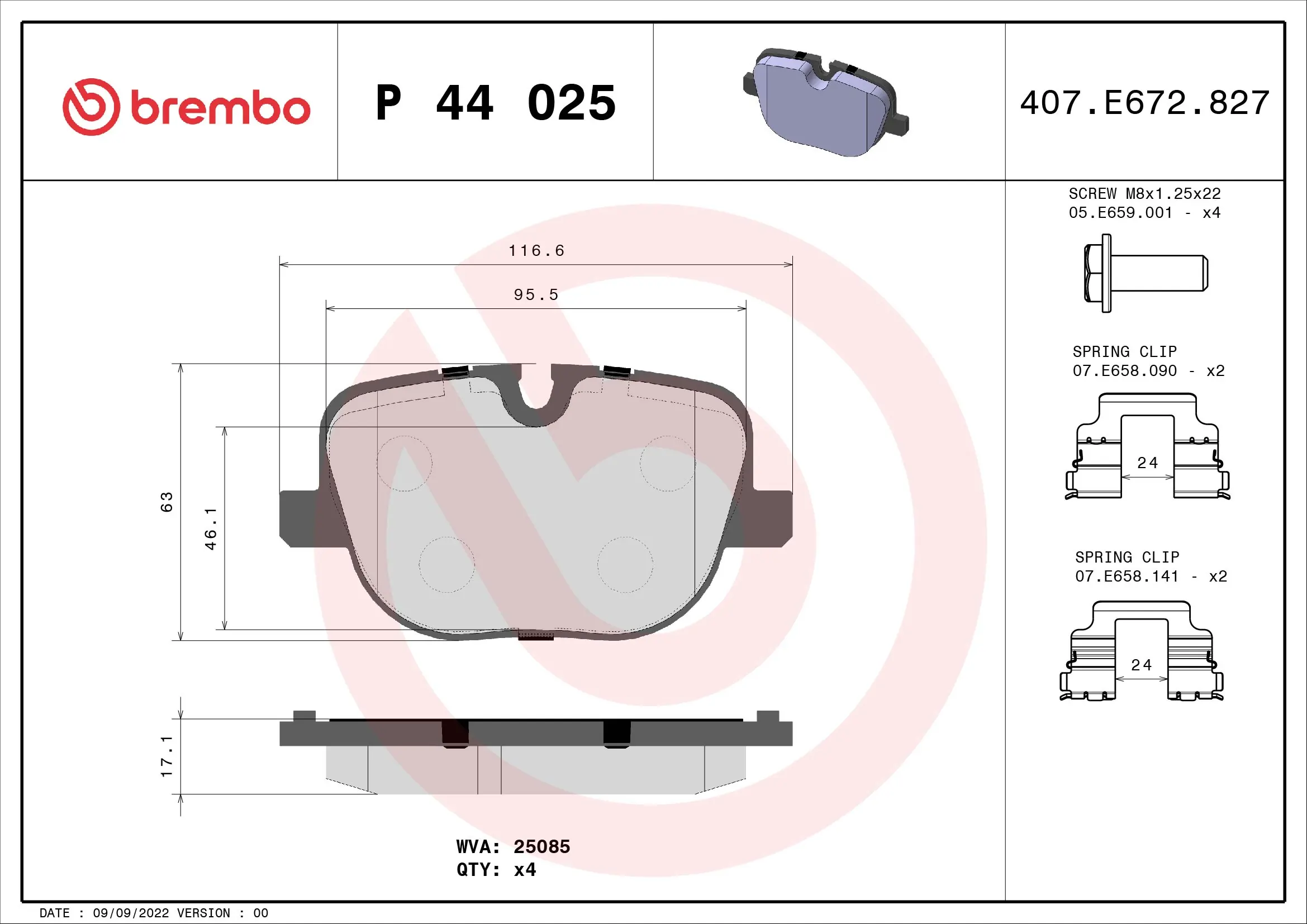 Kit de plaquettes de frein, frein à disque BREMBO P 44 025