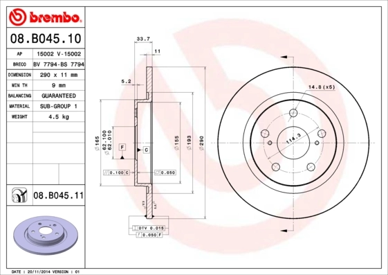 Disque de frein BREMBO 08.B045.11