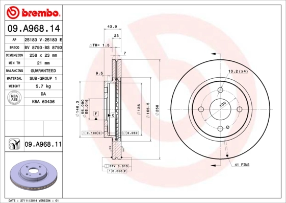 Disque de frein BREMBO 09.A968.14