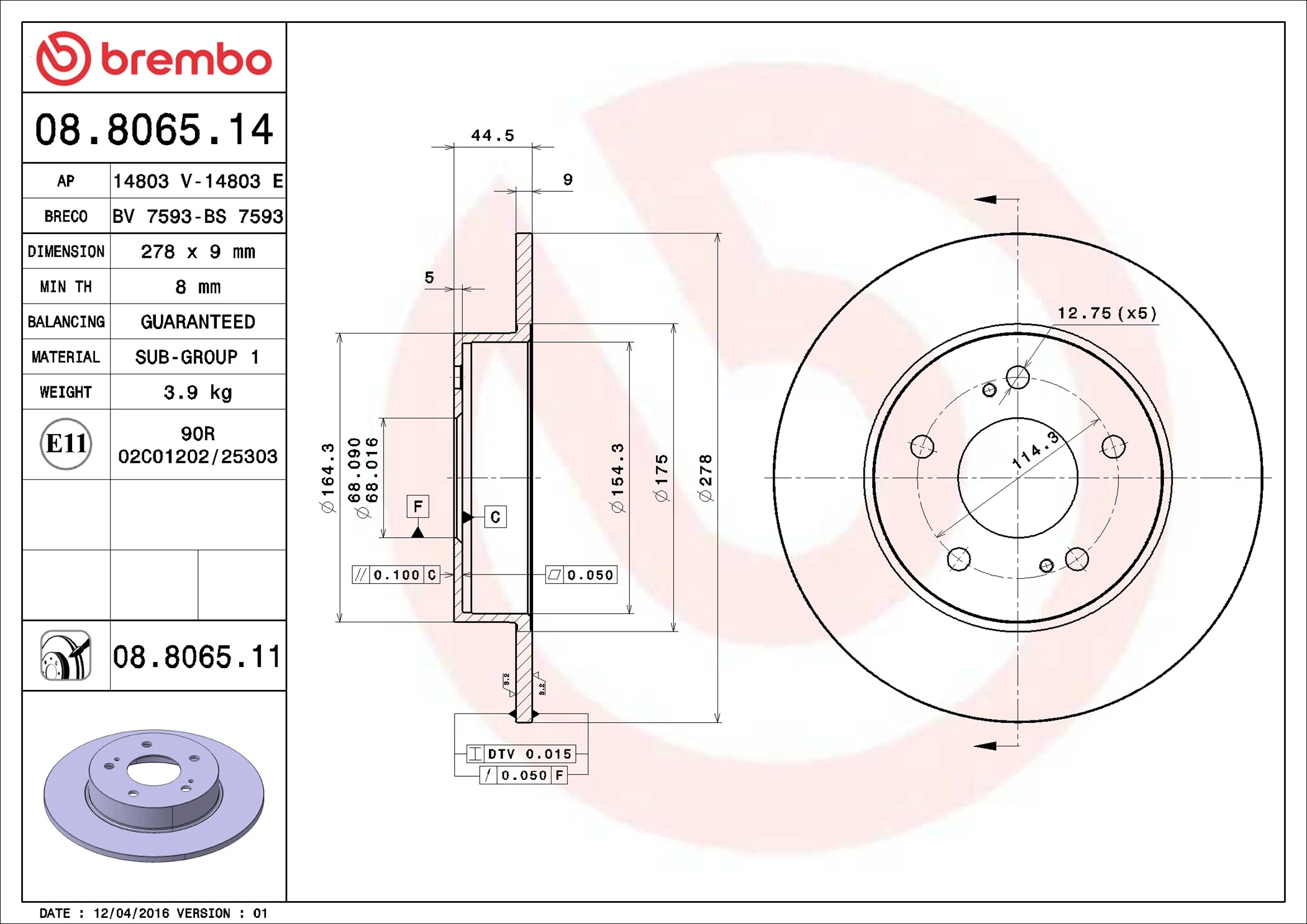 Disque de frein BREMBO 08.8065.14