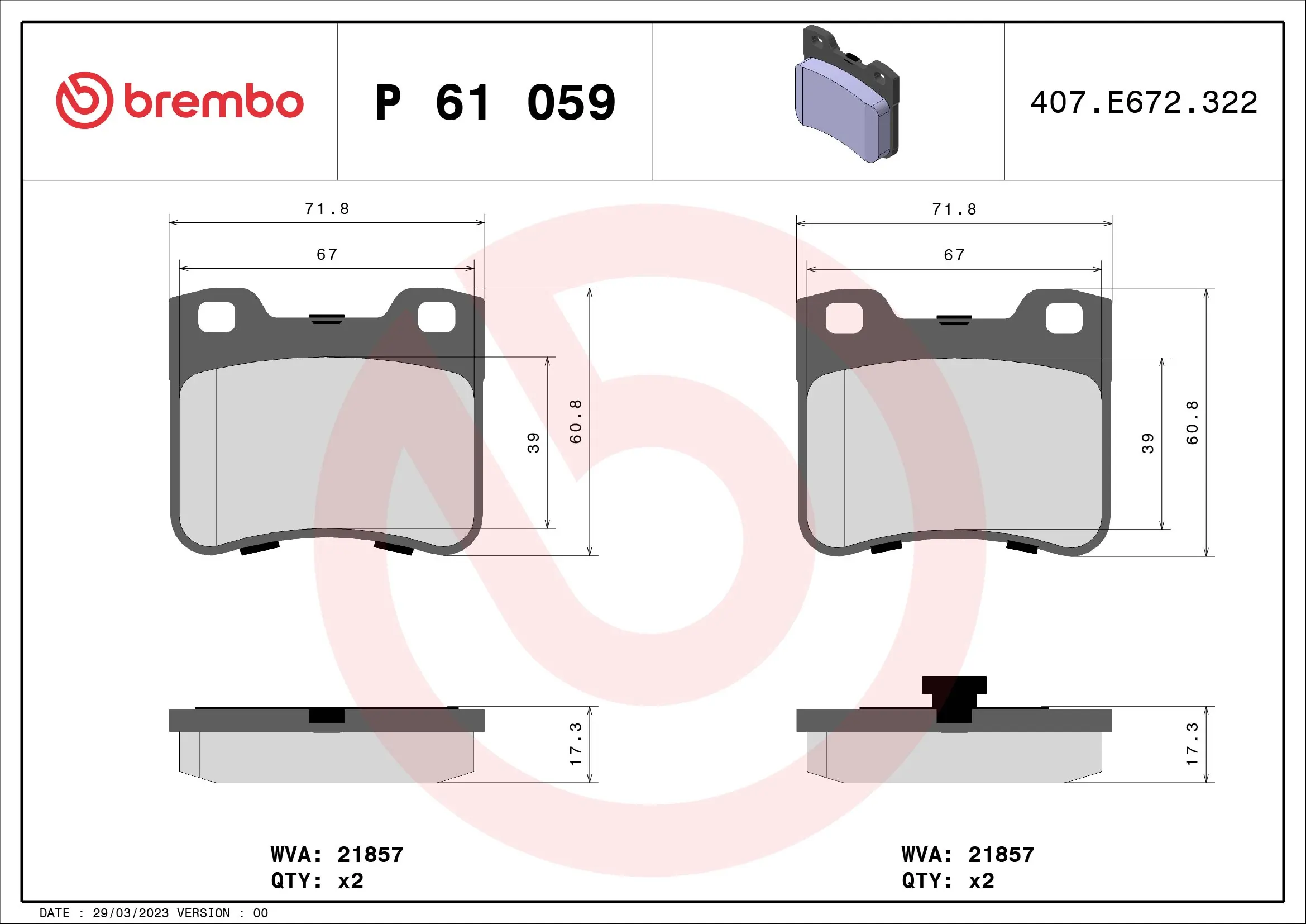 Kit de plaquettes de frein, frein à disque BREMBO P 61 059
