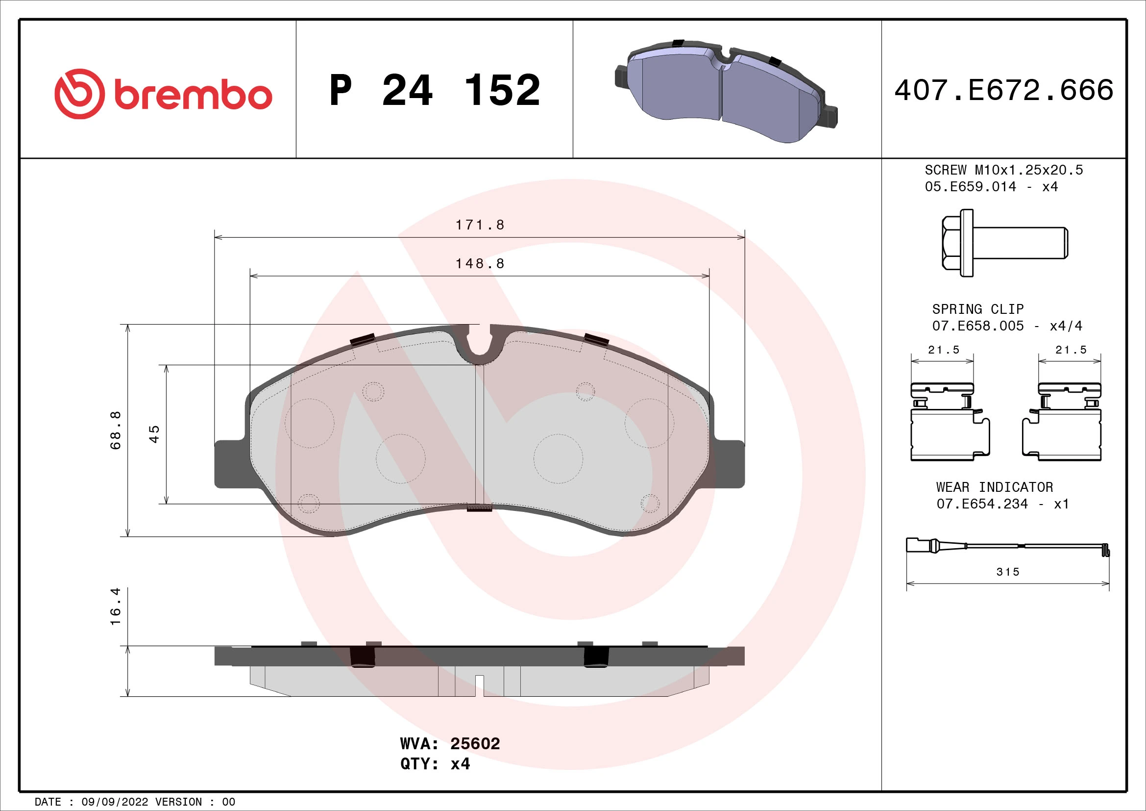 BREMBO P24152 — Колодки гальмівні дискові (комплект 4 шт)