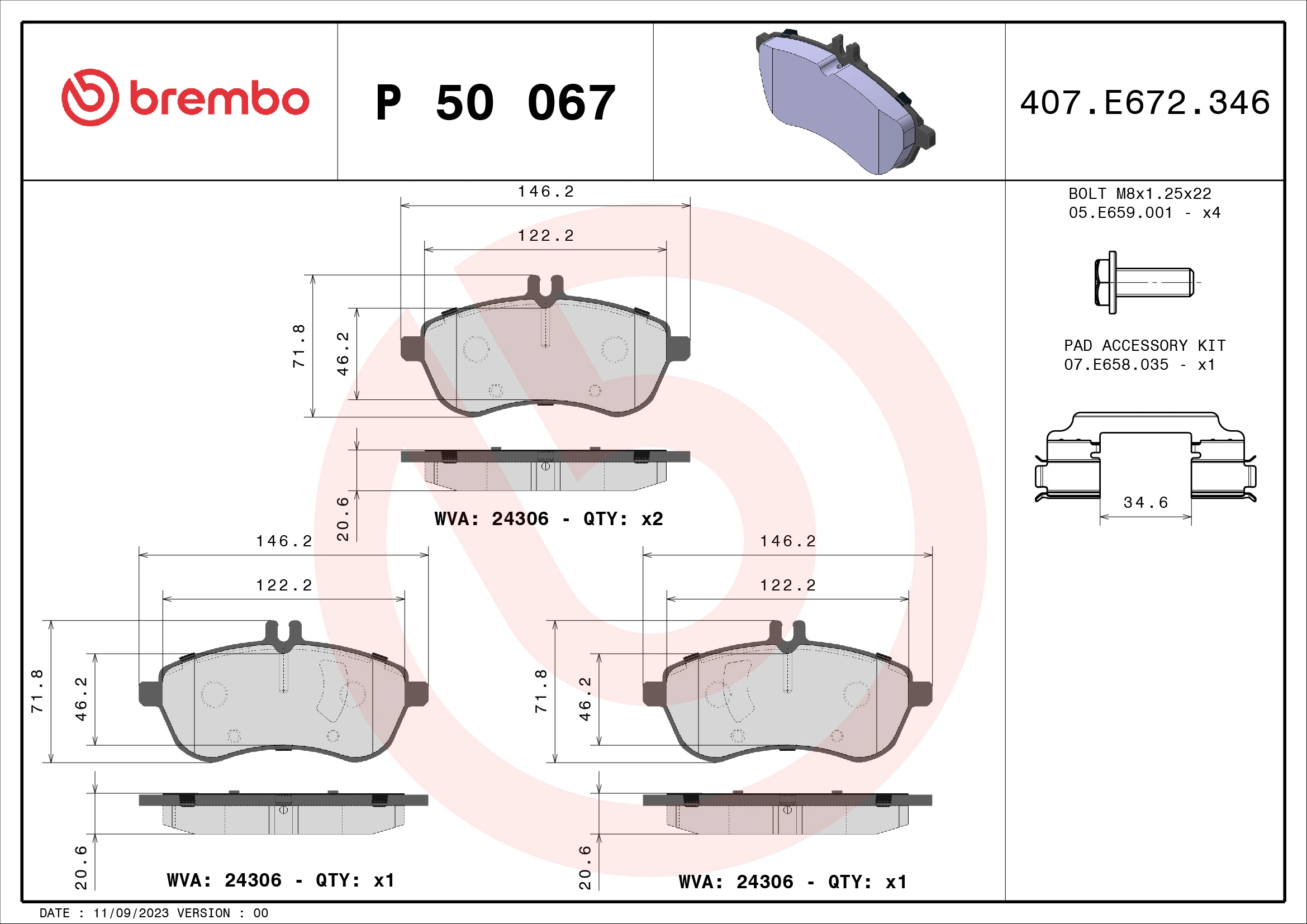 Kit de plaquettes de frein, frein à disque BREMBO P 50 067X