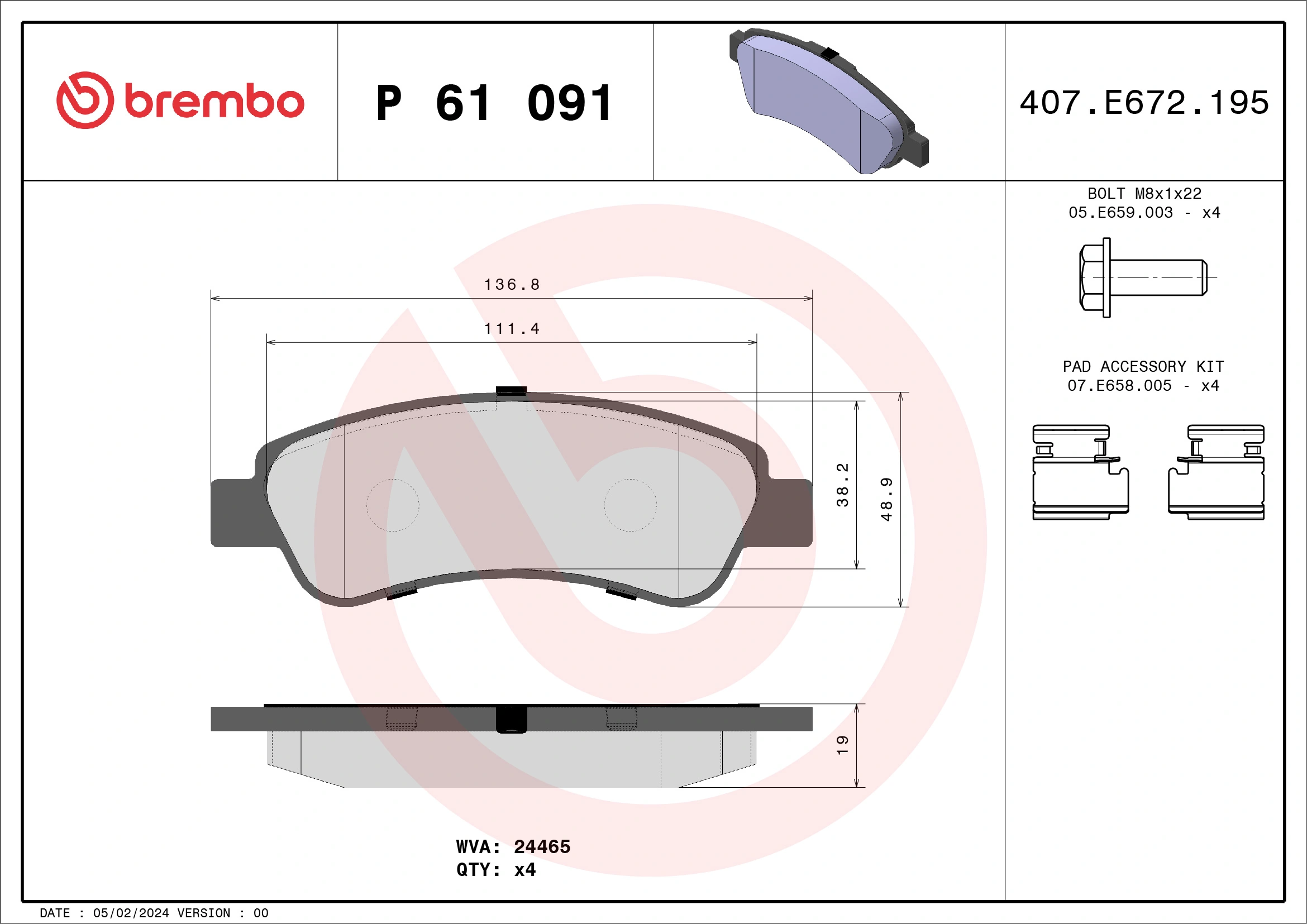 Kit de plaquettes de frein, frein à disque BREMBO P 61 091