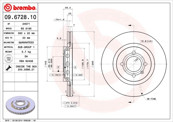 Disque de frein BREMBO 09.6728.10