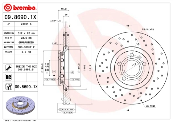 Disque de frein BREMBO 09.8690.1X