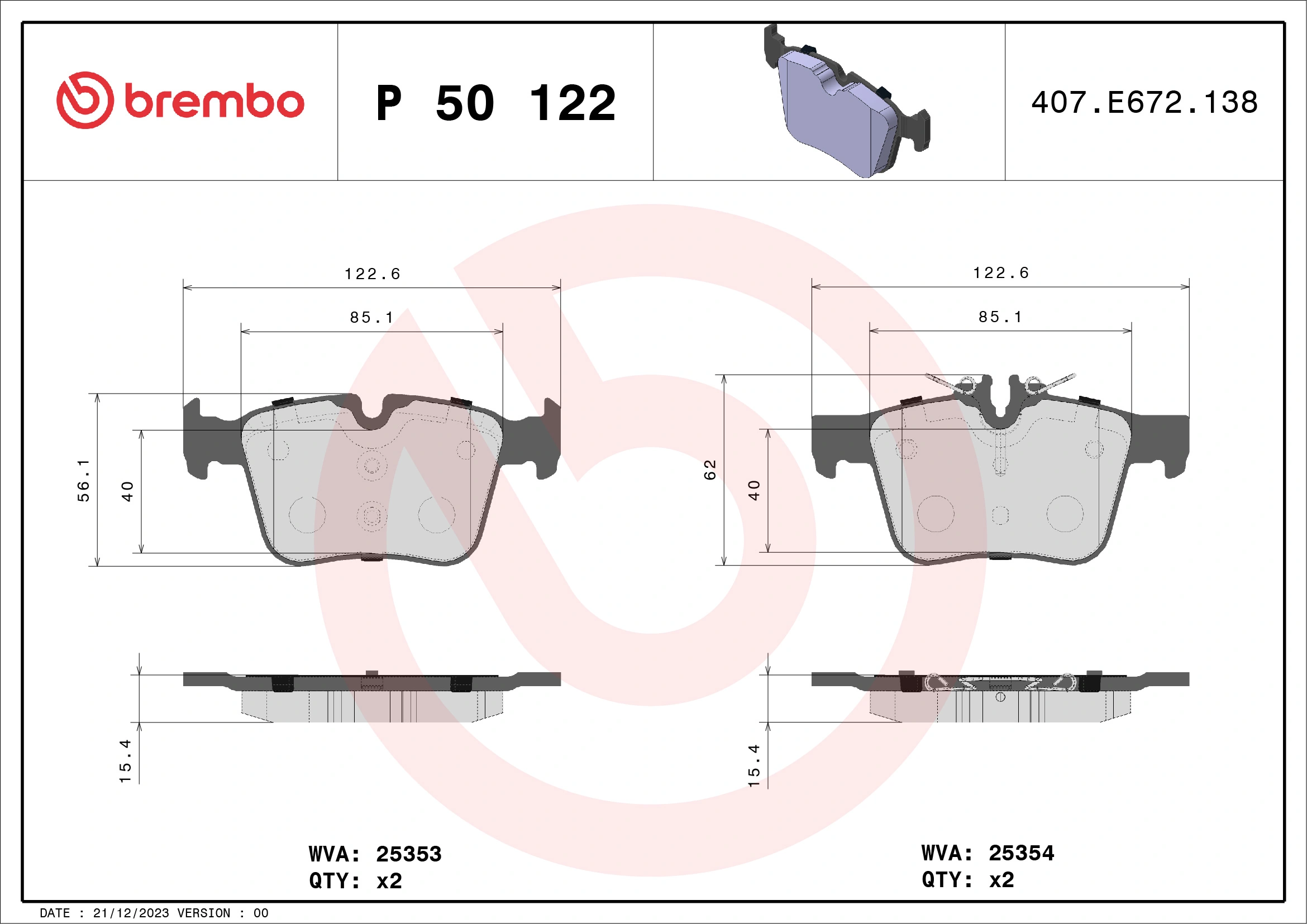 Kit de plaquettes de frein, frein à disque BREMBO P 50 122