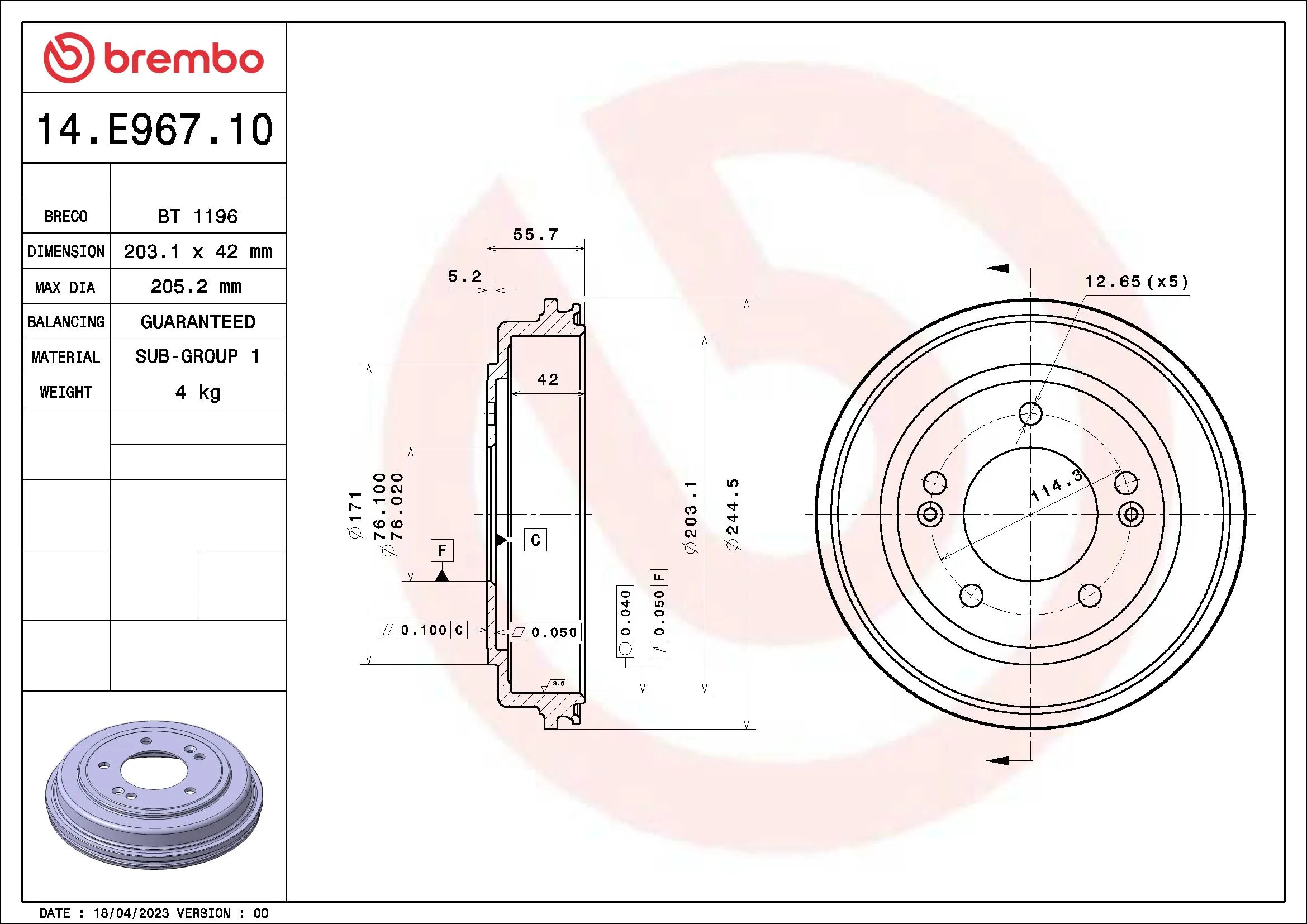 Tambour de frein BREMBO 14.E967.10