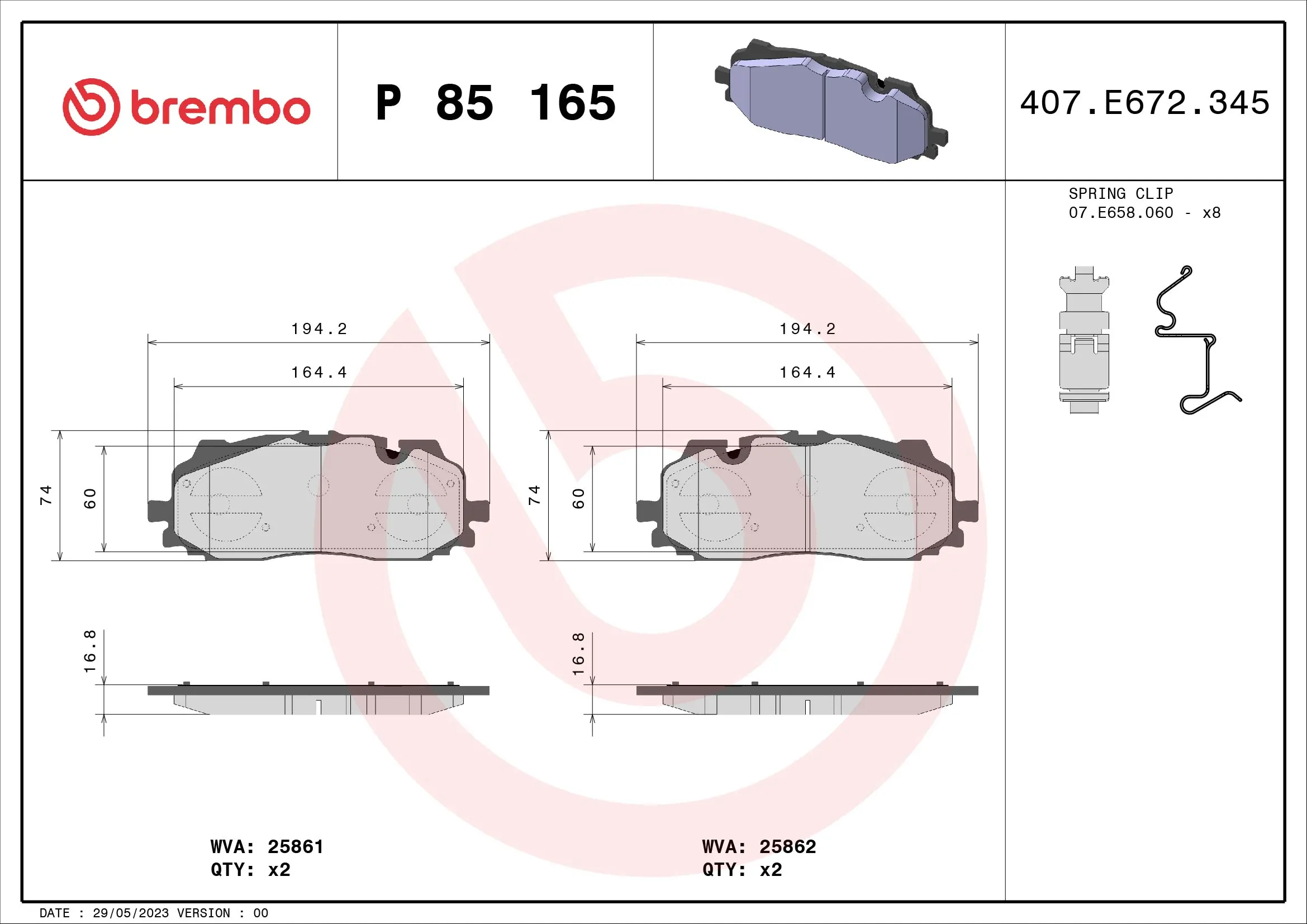 Kit de plaquettes de frein, frein à disque BREMBO P 85 165