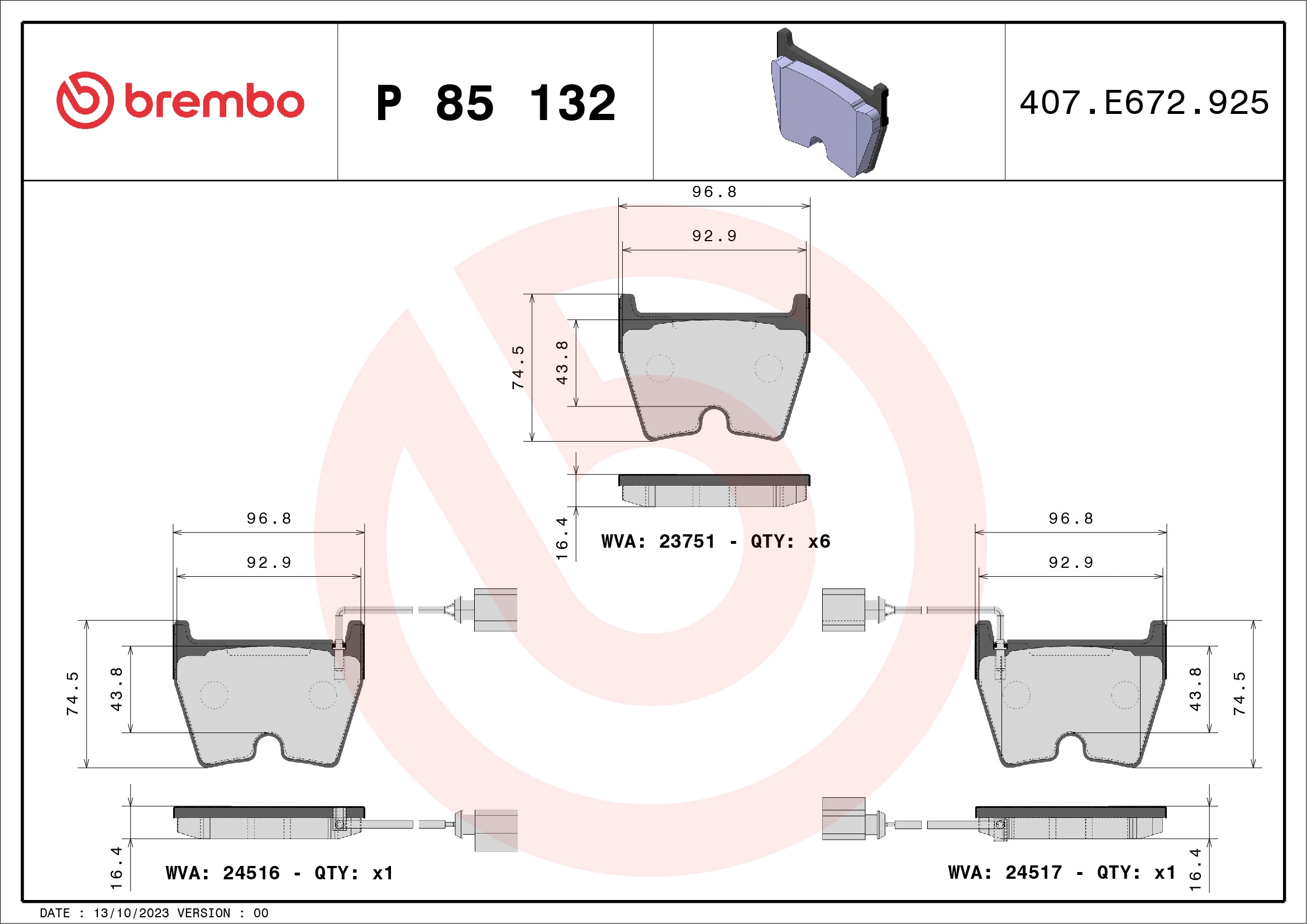 Kit de plaquettes de frein, frein à disque BREMBO P 85 132