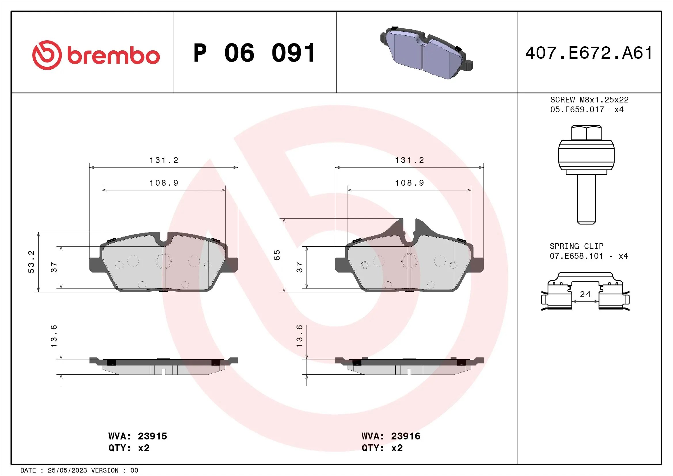 Kit de plaquettes de frein, frein à disque BREMBO P 06 091