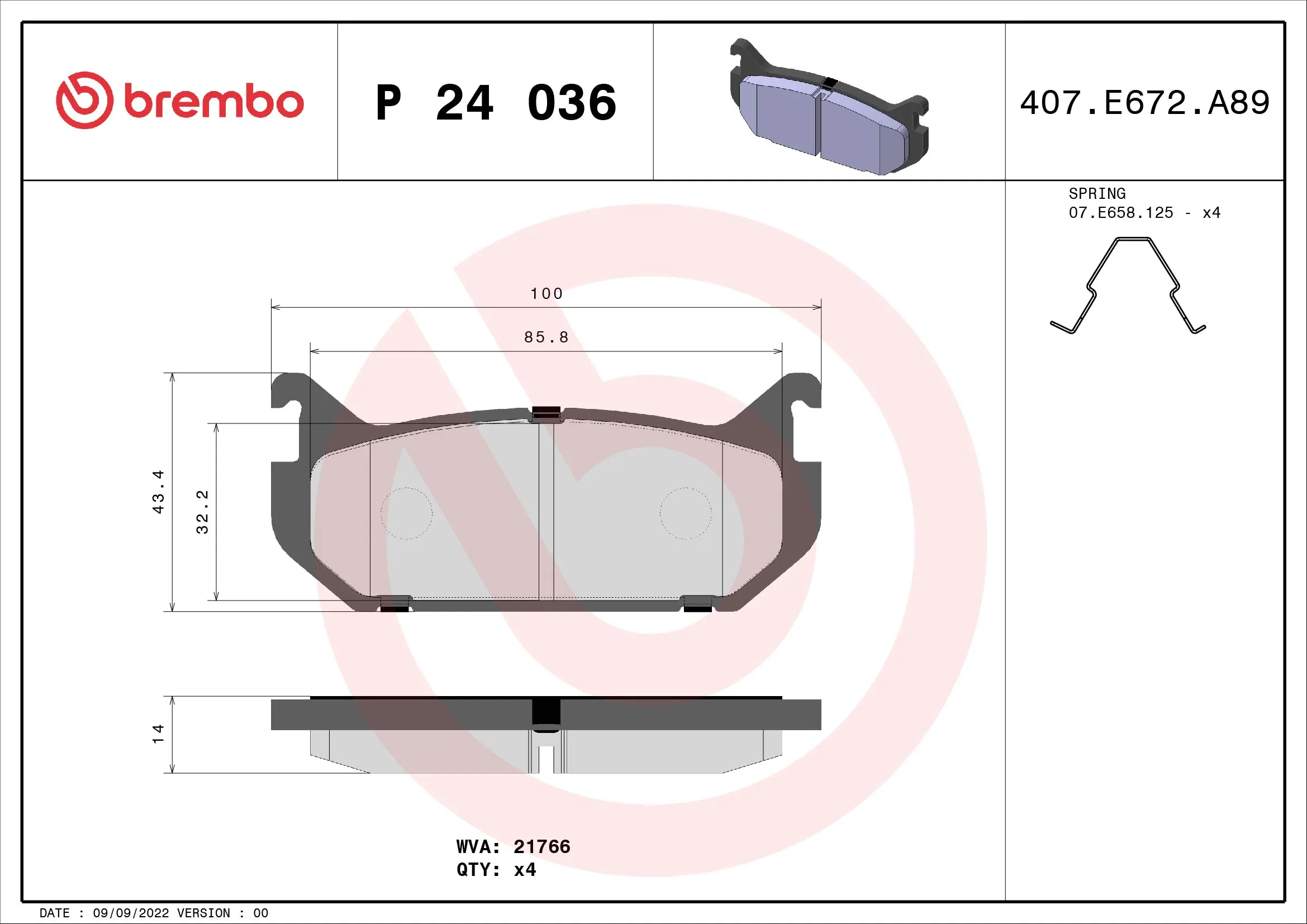 Kit de plaquettes de frein, frein à disque BREMBO P 24 036