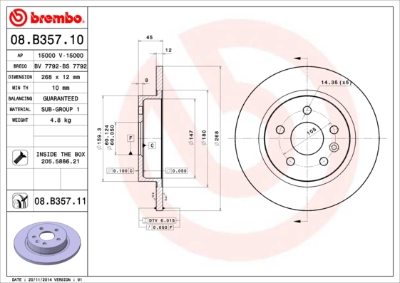 Disque de frein BREMBO 08.B357.11