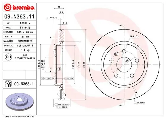 Disque de frein BREMBO 09.N363.11