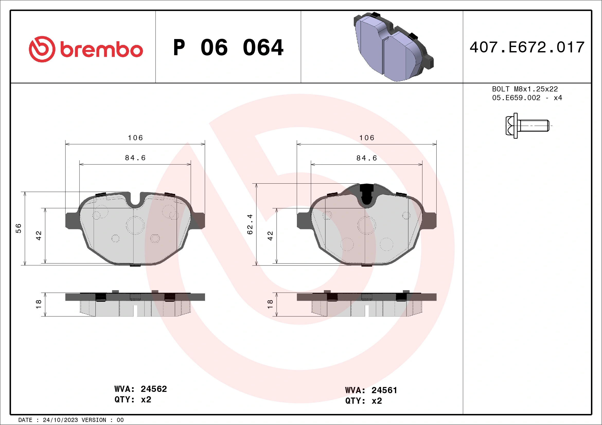 Kit de plaquettes de frein, frein à disque BREMBO P 06 064X