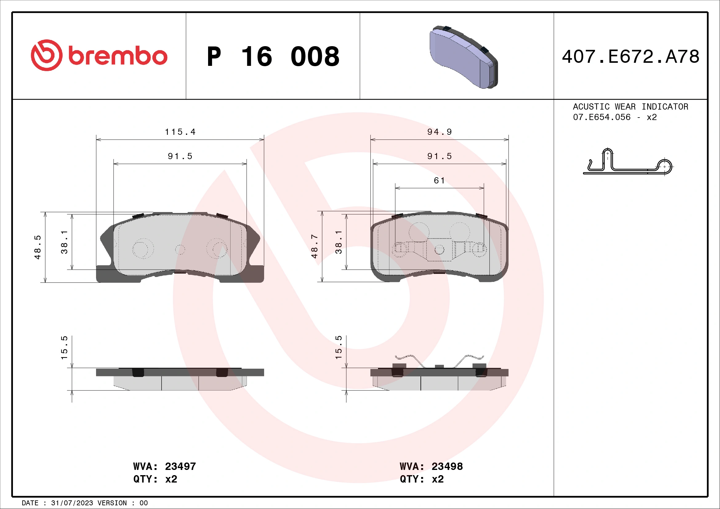 Kit de plaquettes de frein, frein à disque BREMBO P 16 008