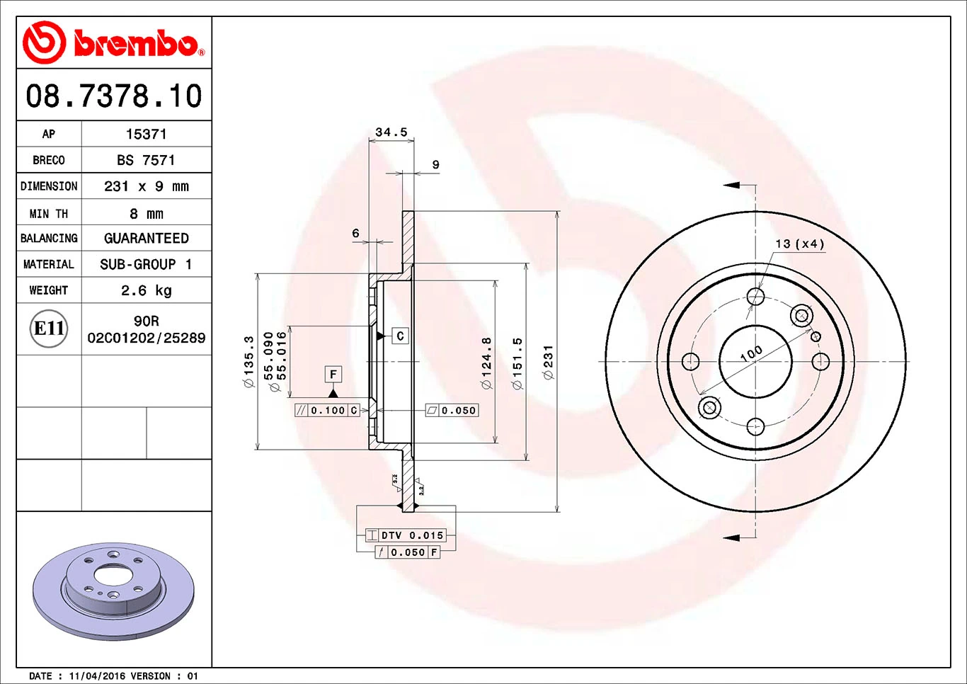 Disque de frein BREMBO 08.7378.10