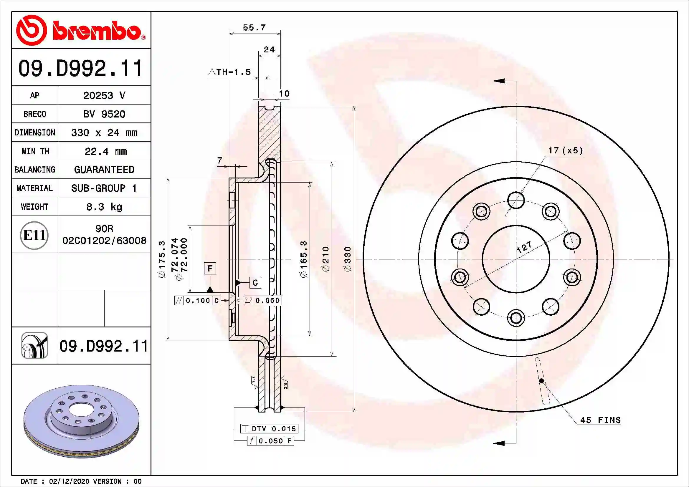 Disque de frein BREMBO 09.D992.11