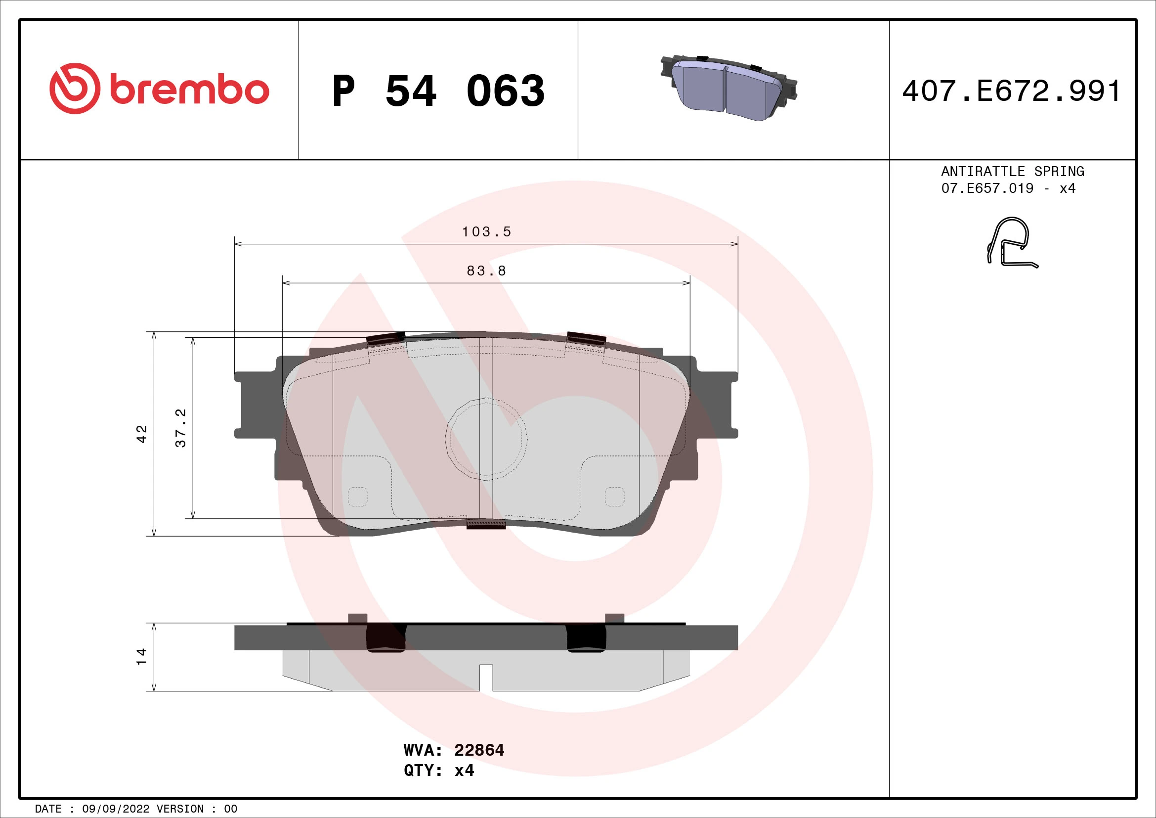 Kit de plaquettes de frein, frein à disque BREMBO P 54 063