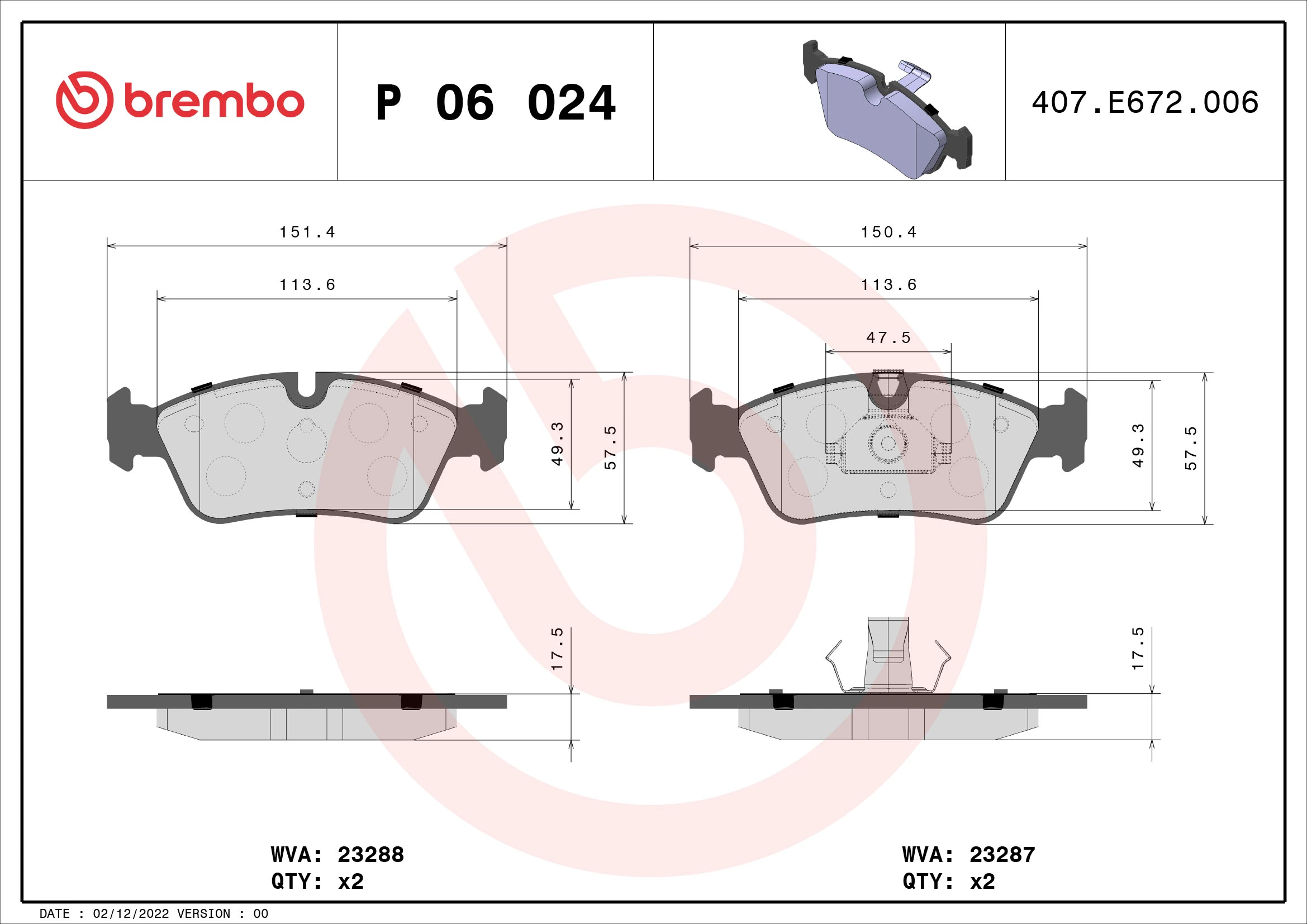 Kit de plaquettes de frein, frein à disque BREMBO P 06 024