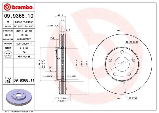 Disque de frein BREMBO 09.9368.11