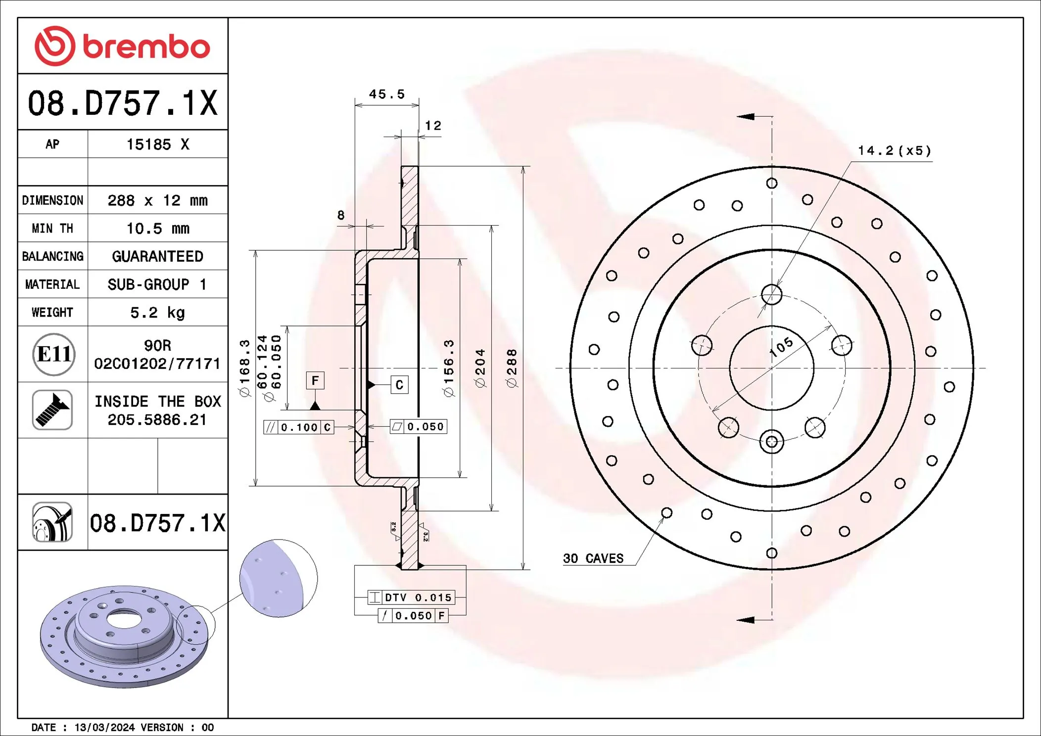 Disque de frein BREMBO 08.D757.1X