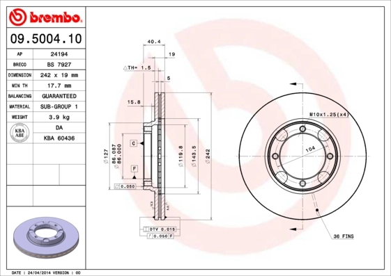 Disque de frein BREMBO 09.5004.10