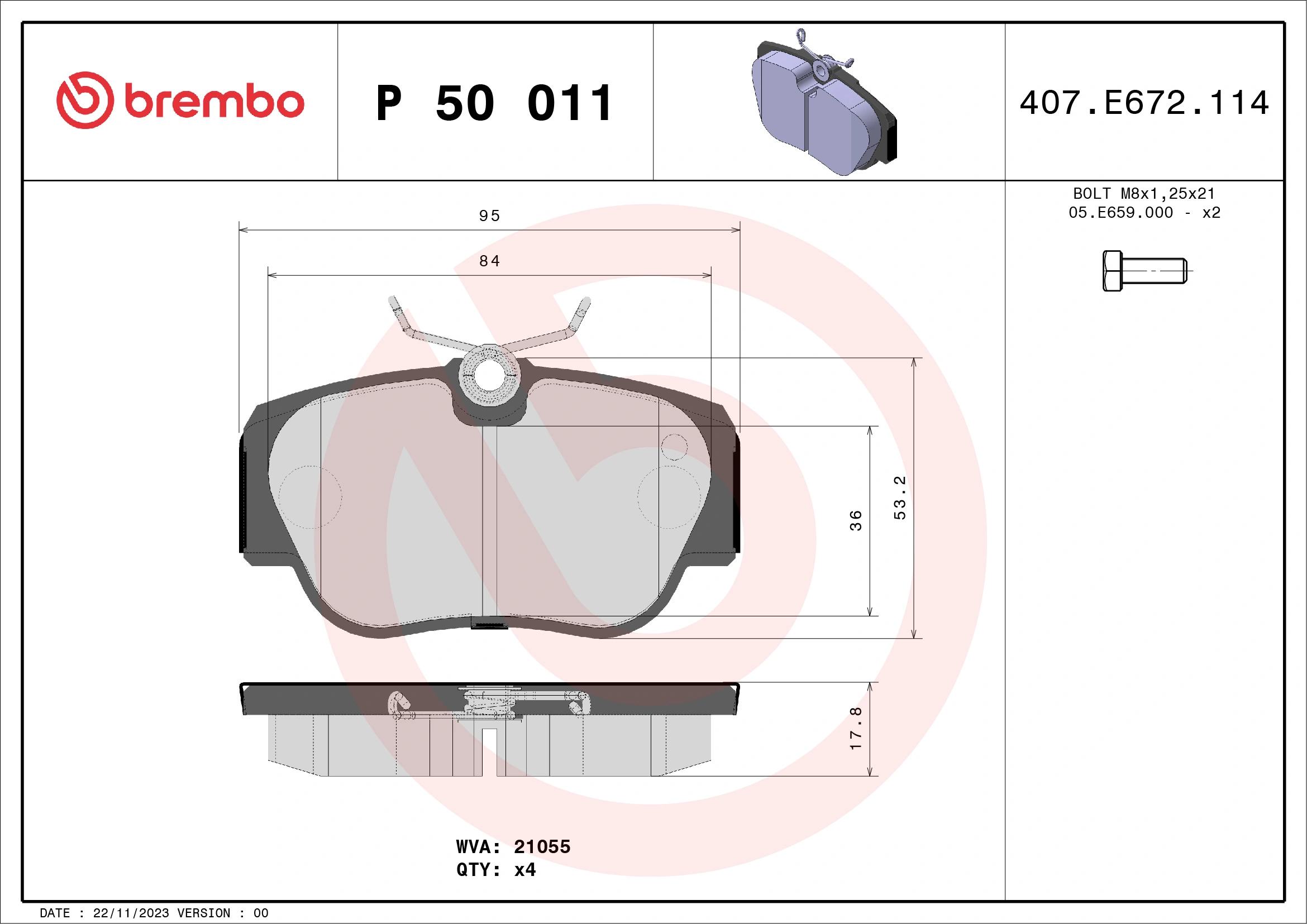 Kit de plaquettes de frein, frein à disque BREMBO P 50 011