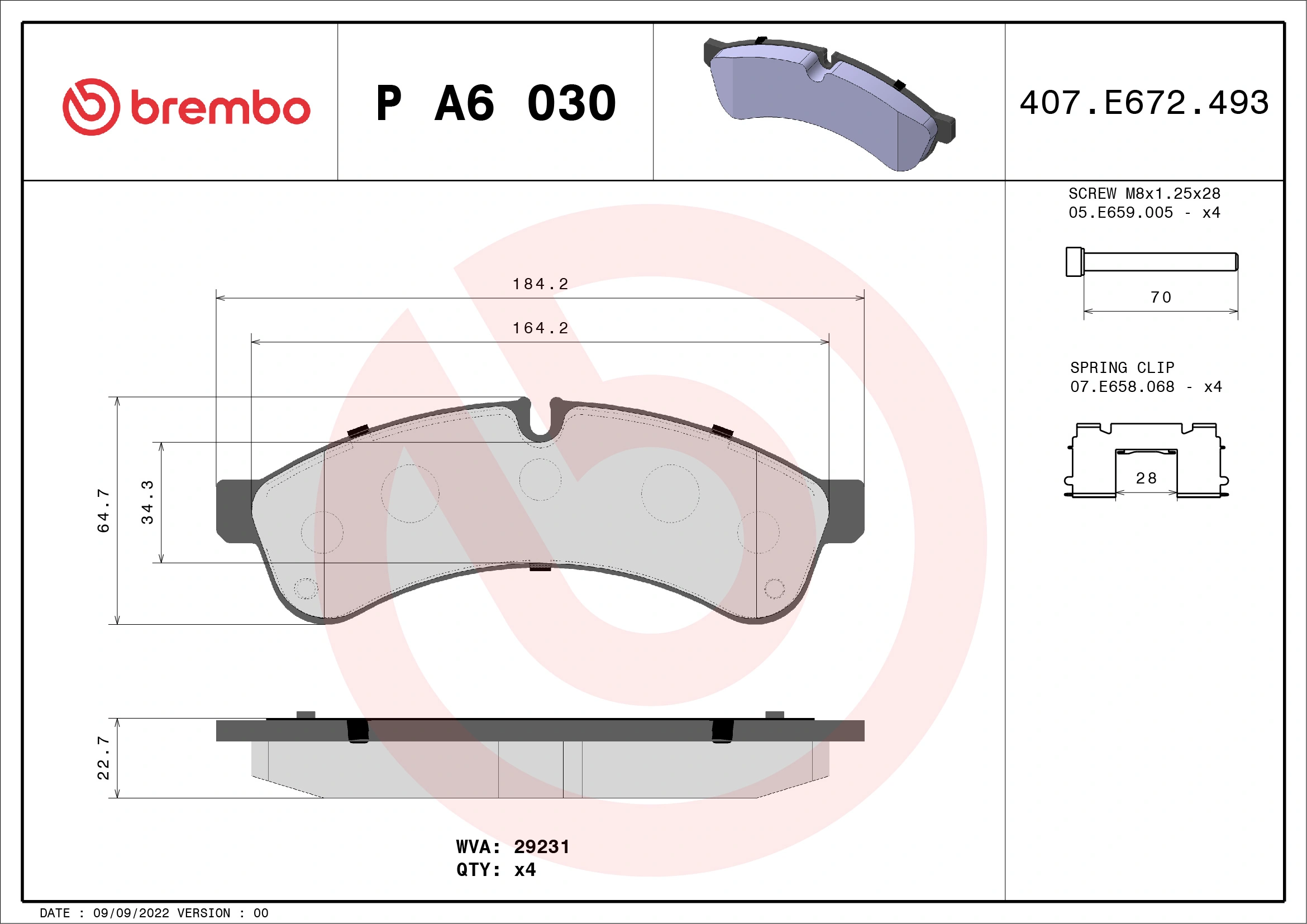 Kit de plaquettes de frein, frein à disque BREMBO P A6 030