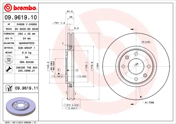 Disque de frein BREMBO 09.9619.11