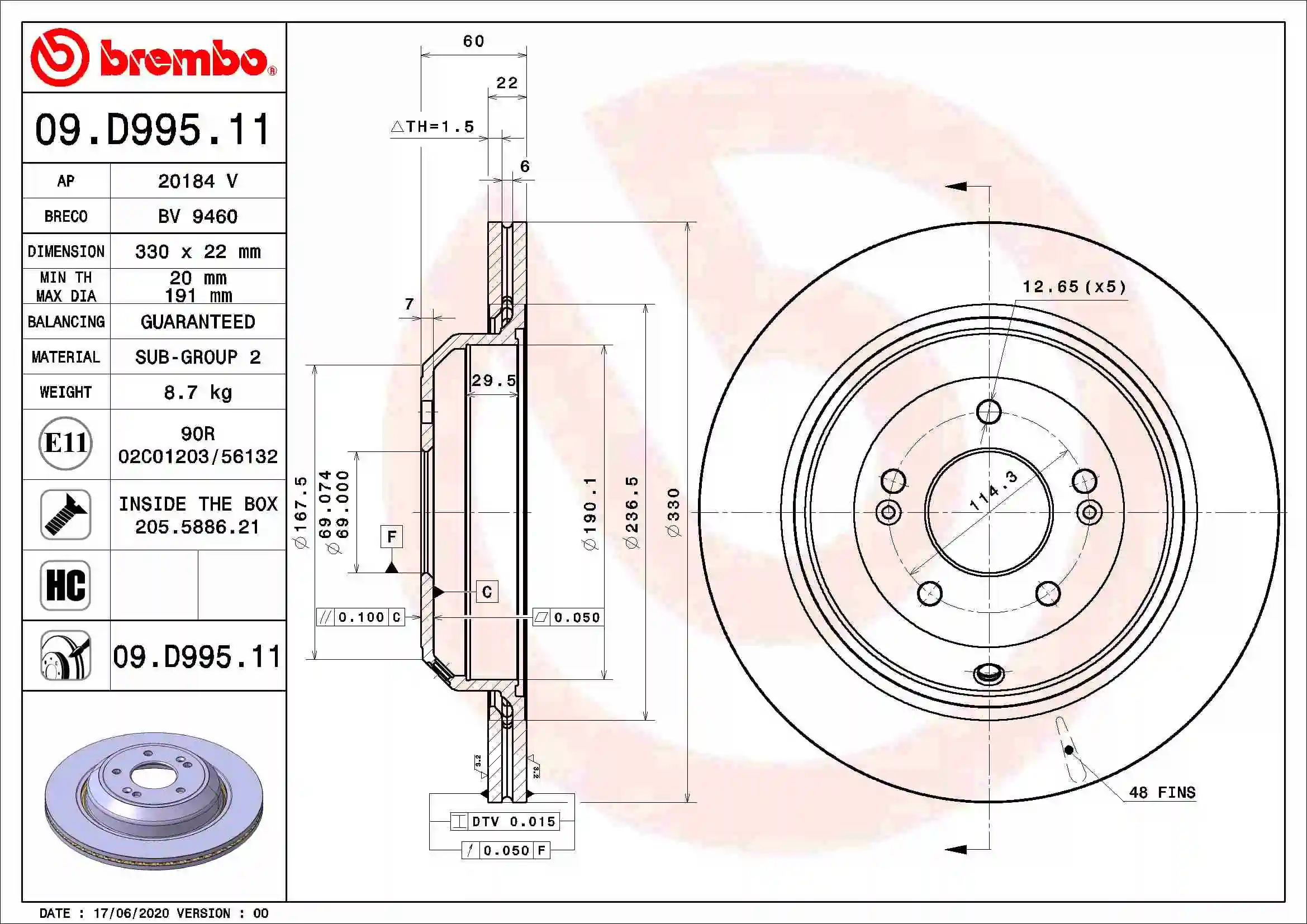 Disque de frein BREMBO 09.D995.11