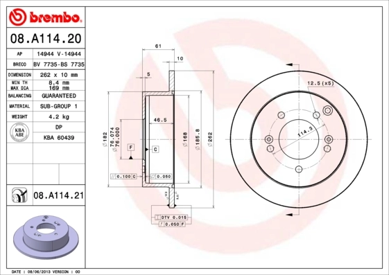 BREMBO 08.A114.21 — Диск гальмівний задн. (вир-во BREMBO)