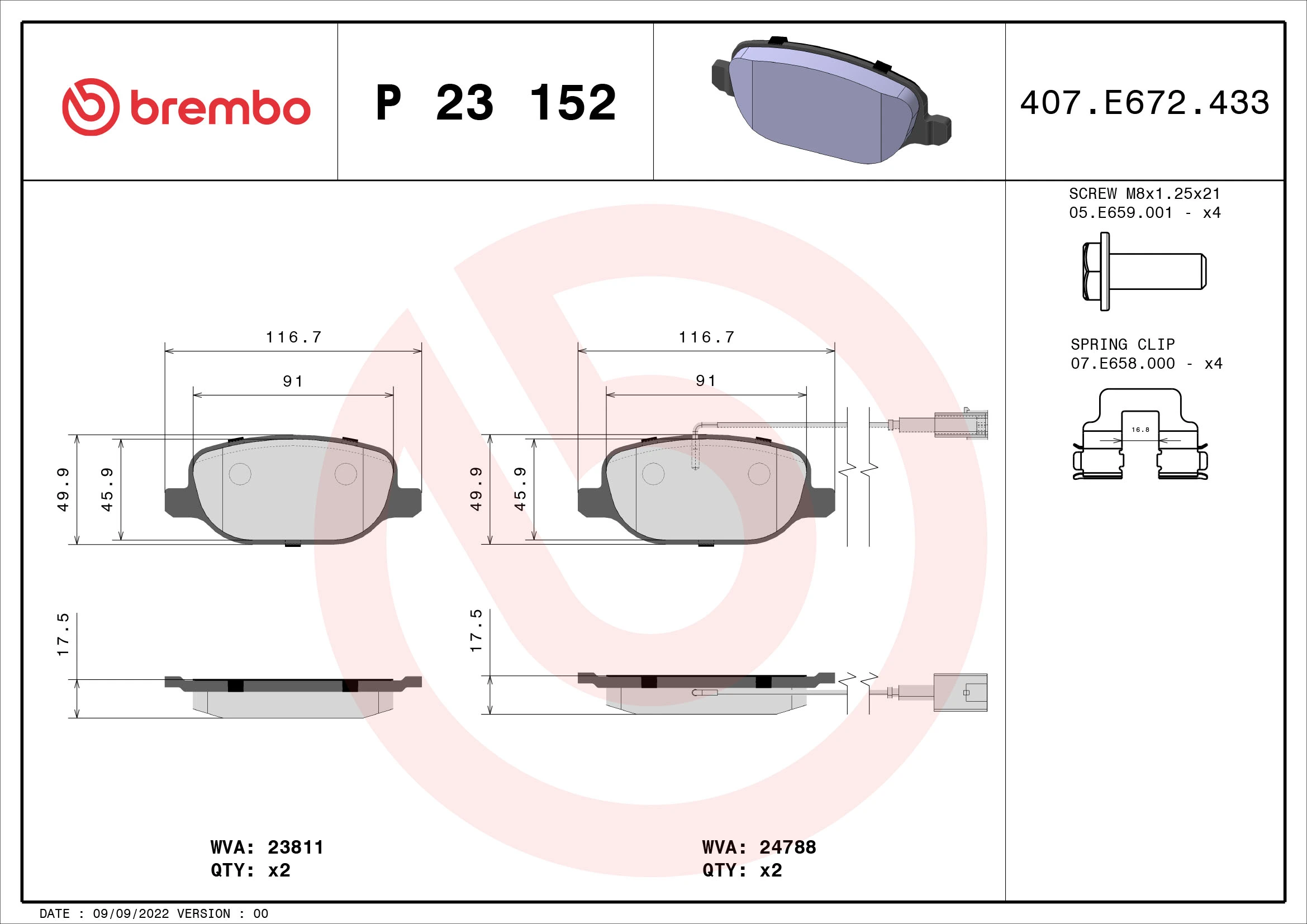 Kit de plaquettes de frein, frein à disque BREMBO P 23 152