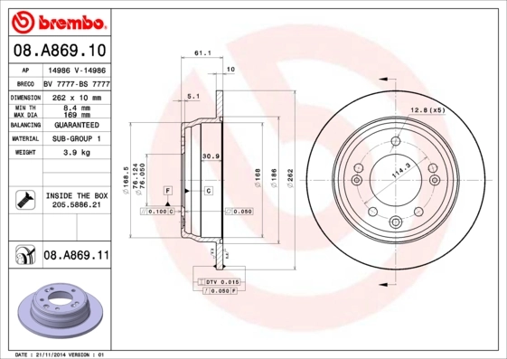 BREMBO 08.A869.10 — Диск гальмівний