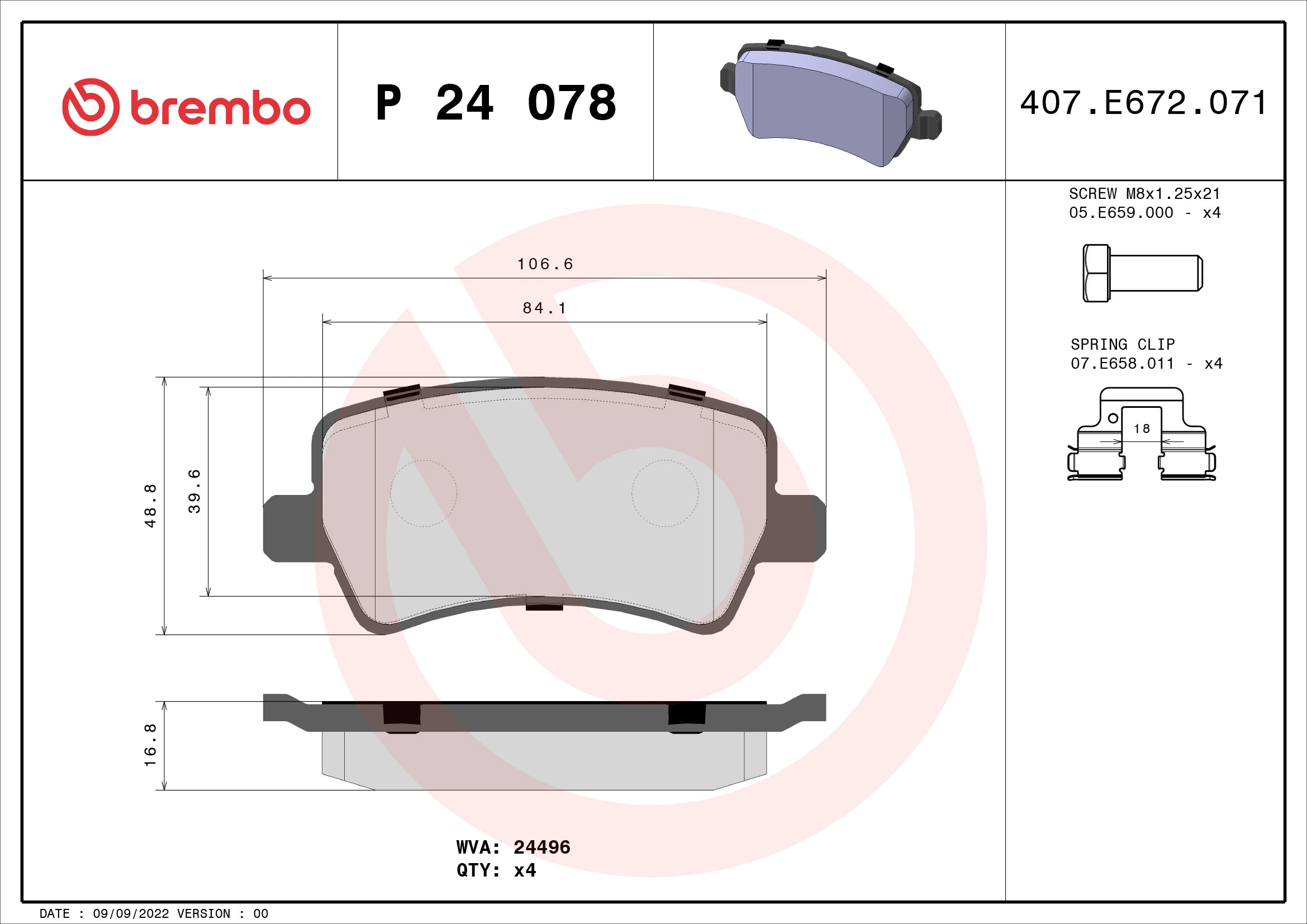 Kit de plaquettes de frein, frein à disque BREMBO P 24 078