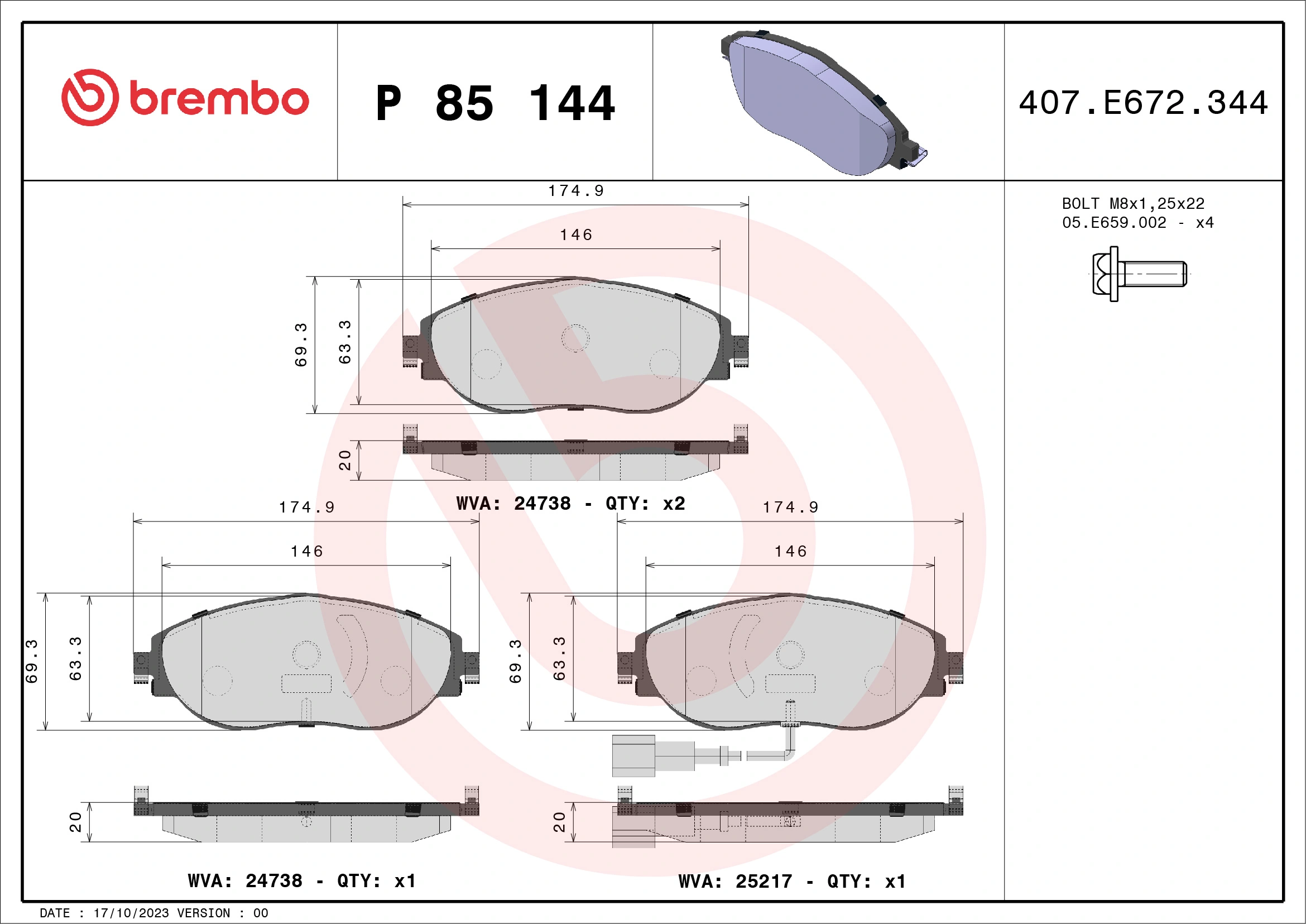 BREMBO P 85 144 — Колодка гальм. диск. VW PASSAT B8 передн. (вир-во BREMBO)