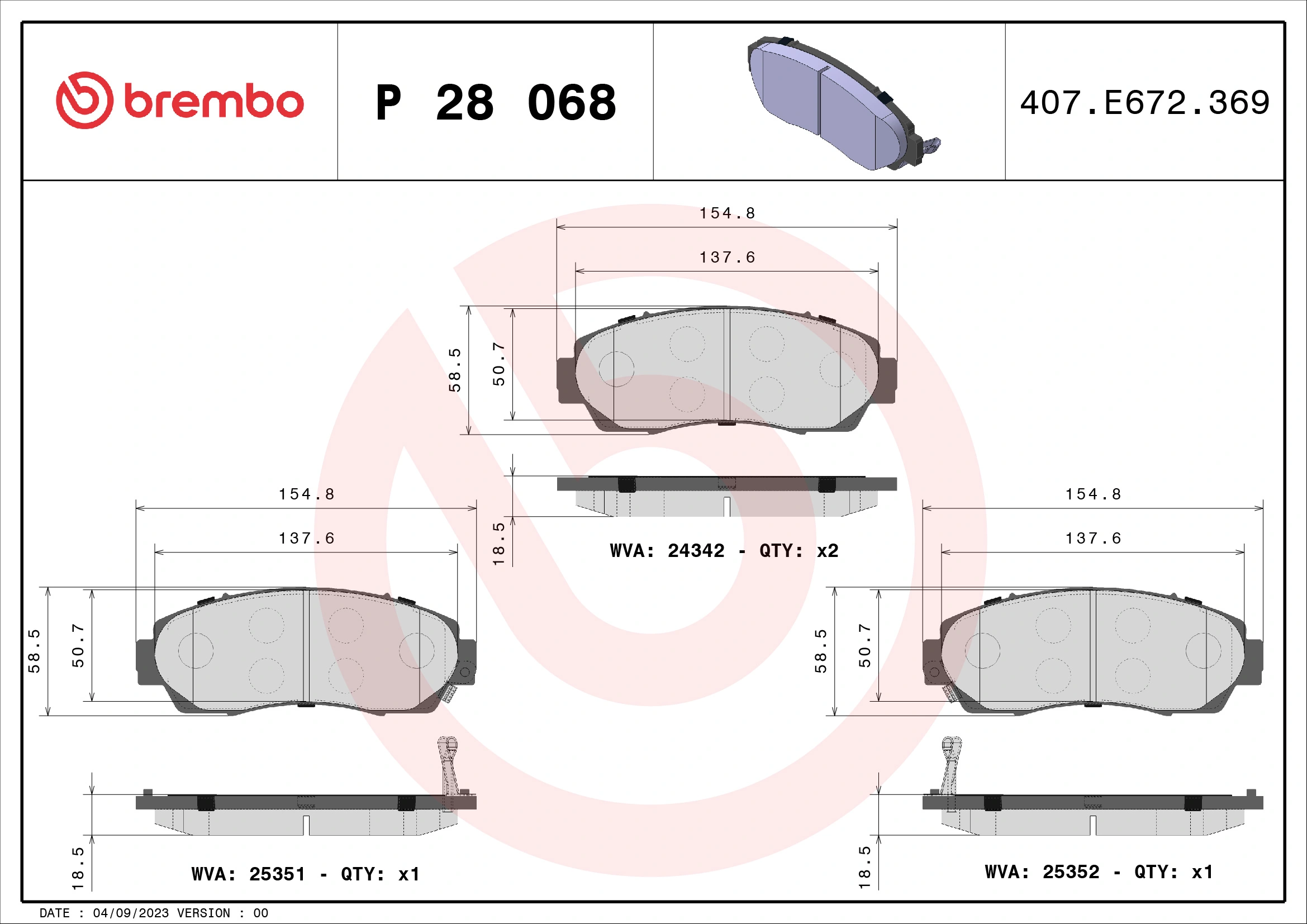 Kit de plaquettes de frein, frein à disque BREMBO P 28 068