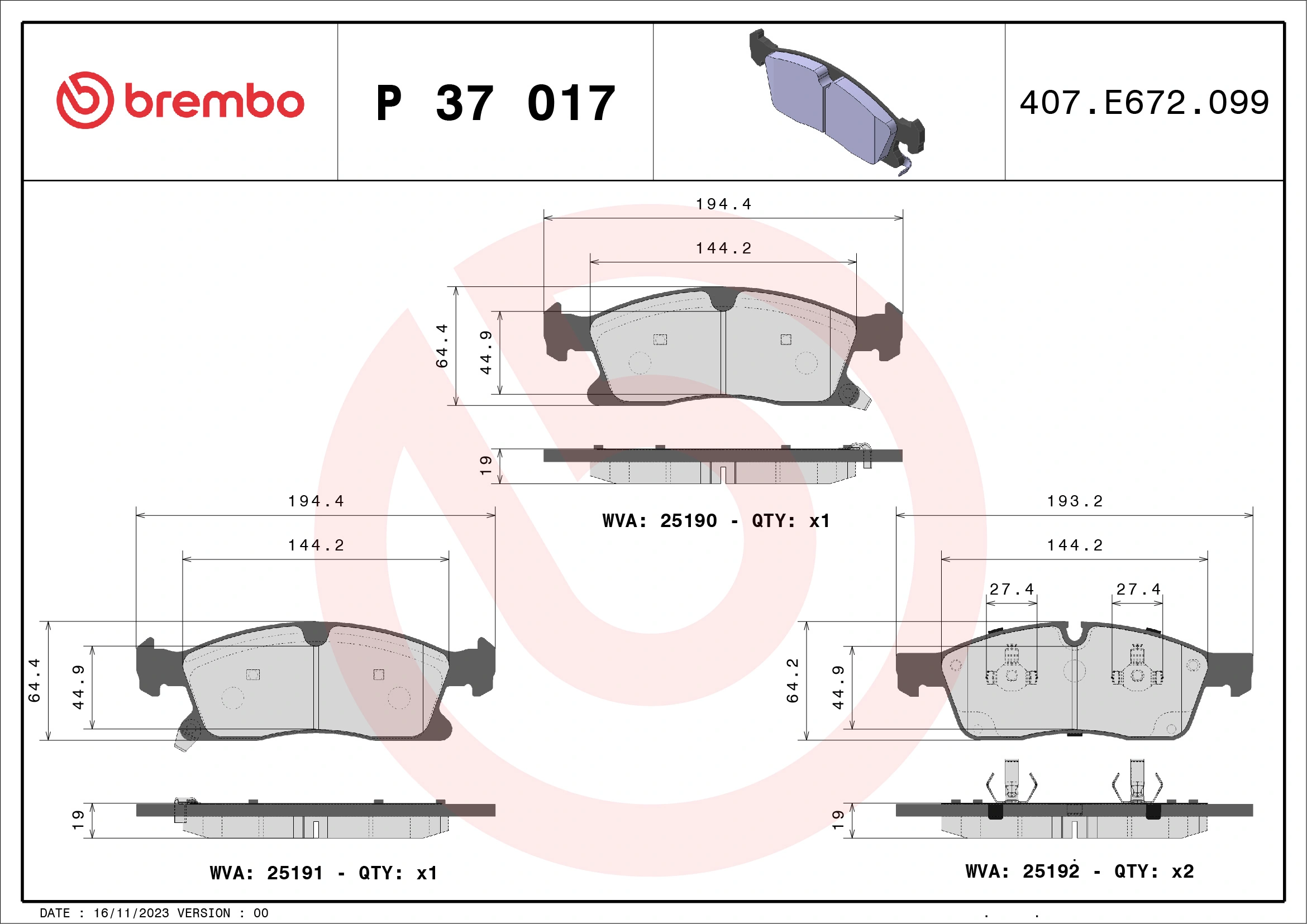 Kit de plaquettes de frein, frein à disque BREMBO P 37 017X