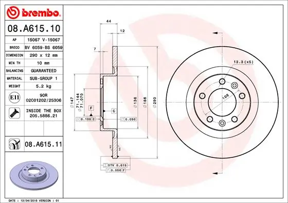 Disque de frein BREMBO 08.A615.11