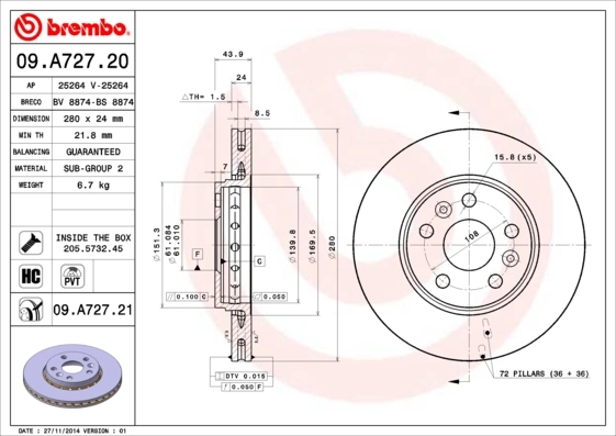 Disque de frein BREMBO 09.A727.21