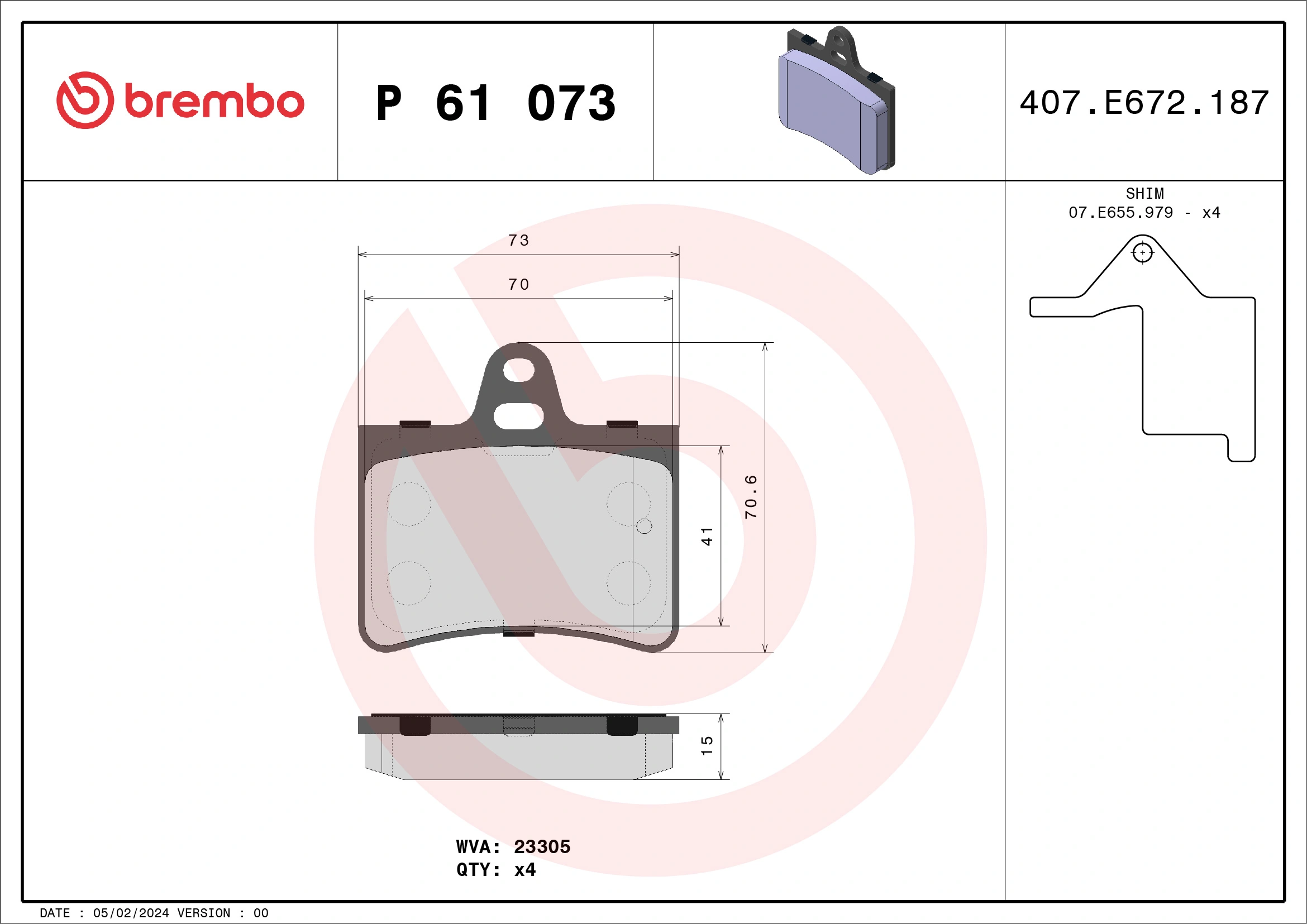 Kit de plaquettes de frein, frein à disque BREMBO P 61 073