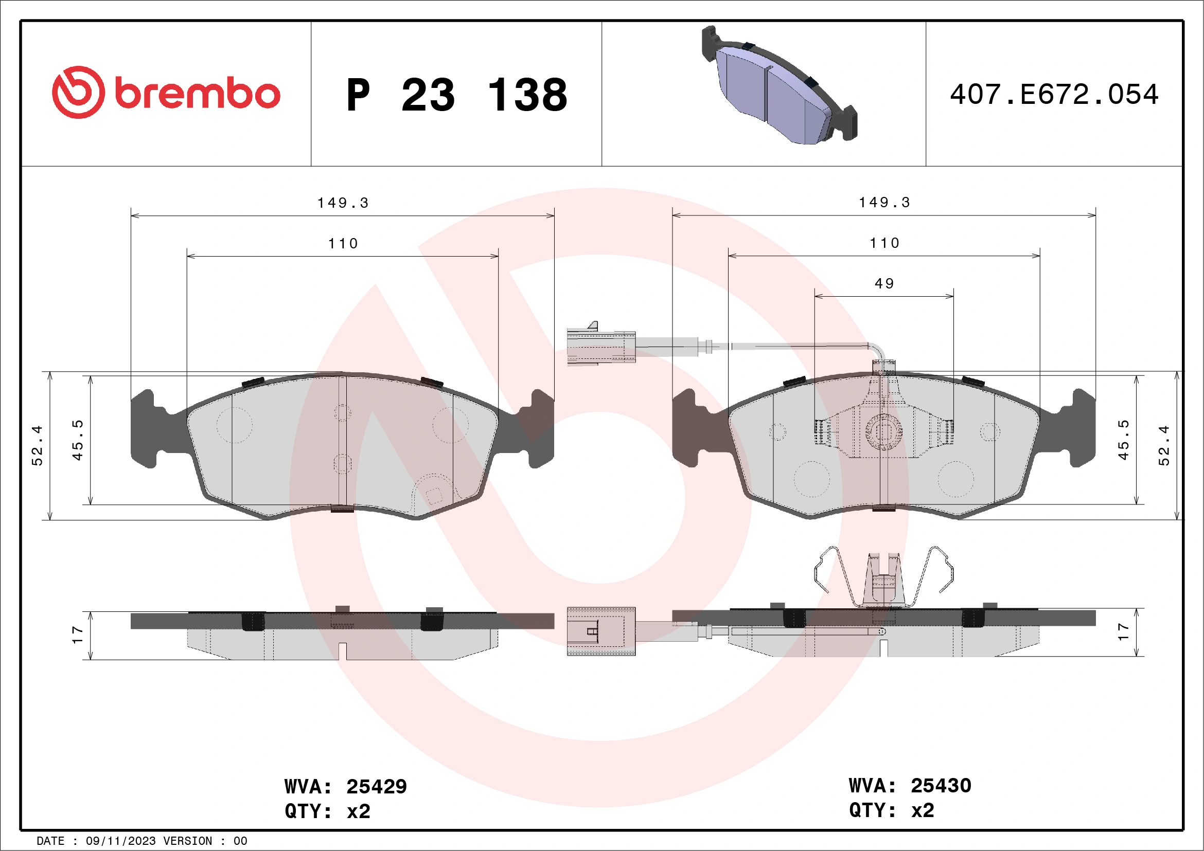 Kit de plaquettes de frein, frein à disque BREMBO P 23 138